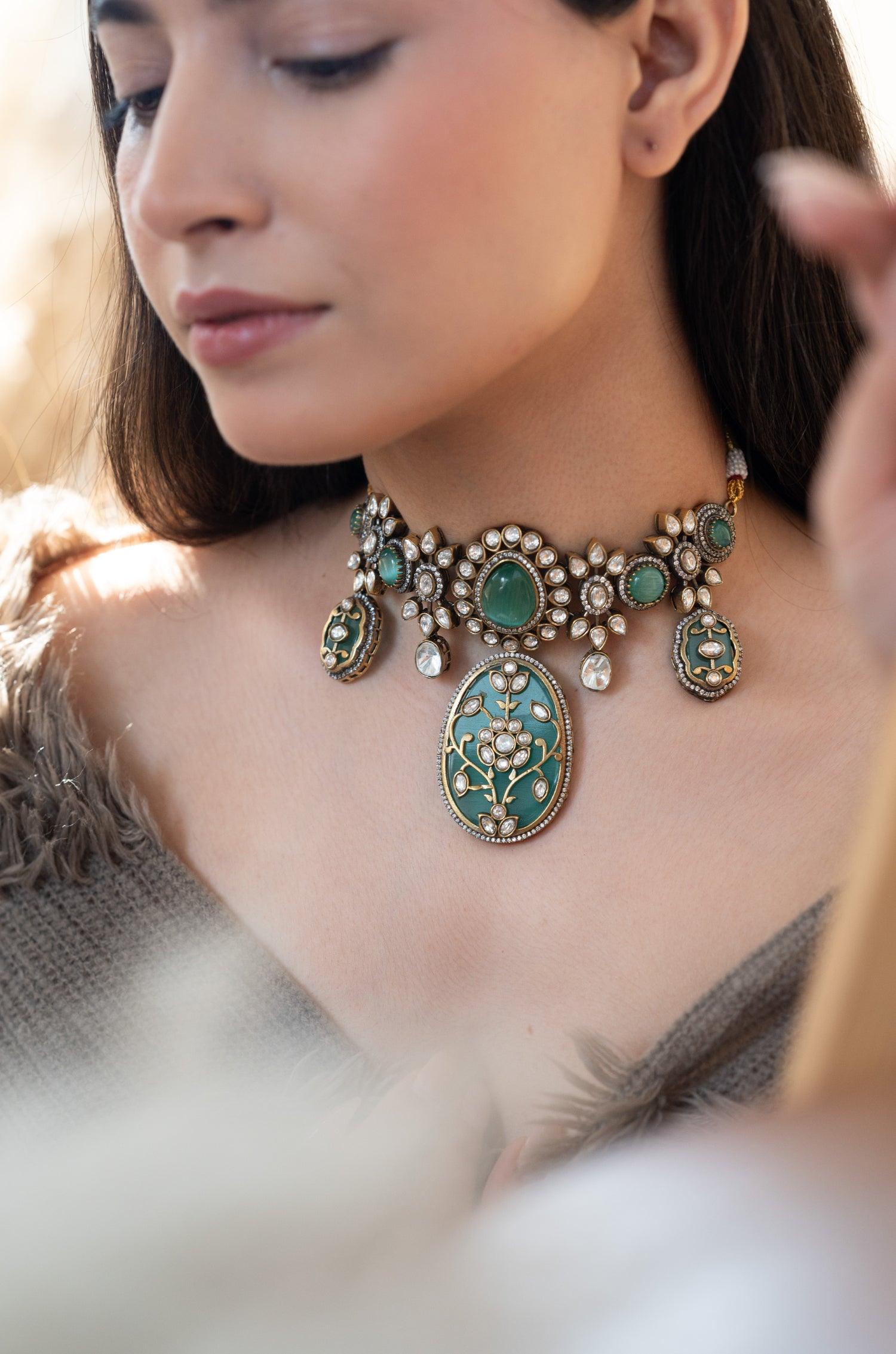 Fluorite Fantasy Polki Necklace Set - Dyulokha