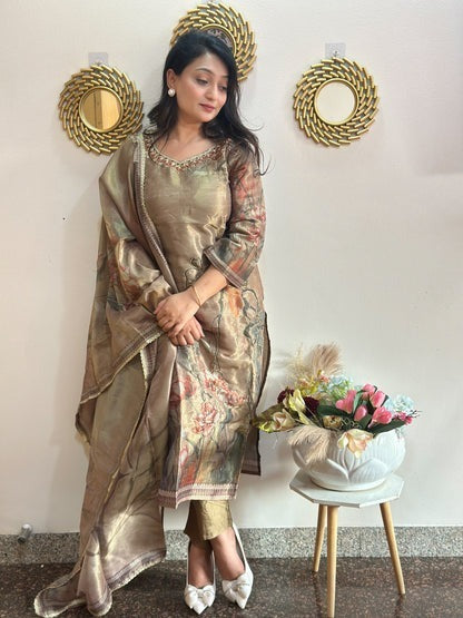 Golden Brown Beaded Floral Tissue Kurta Set