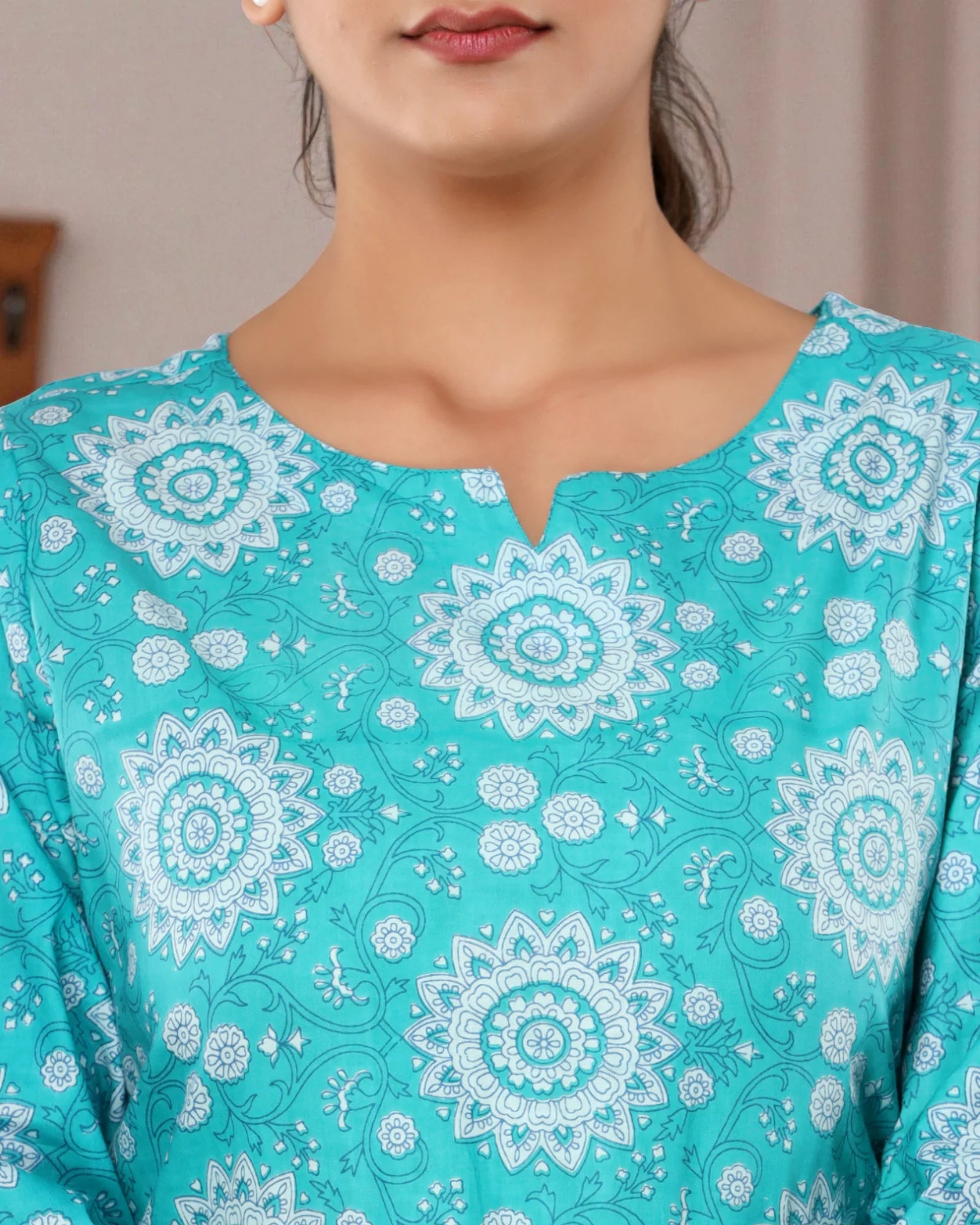 Turquoise Floral Printed Cotton Night Suit
