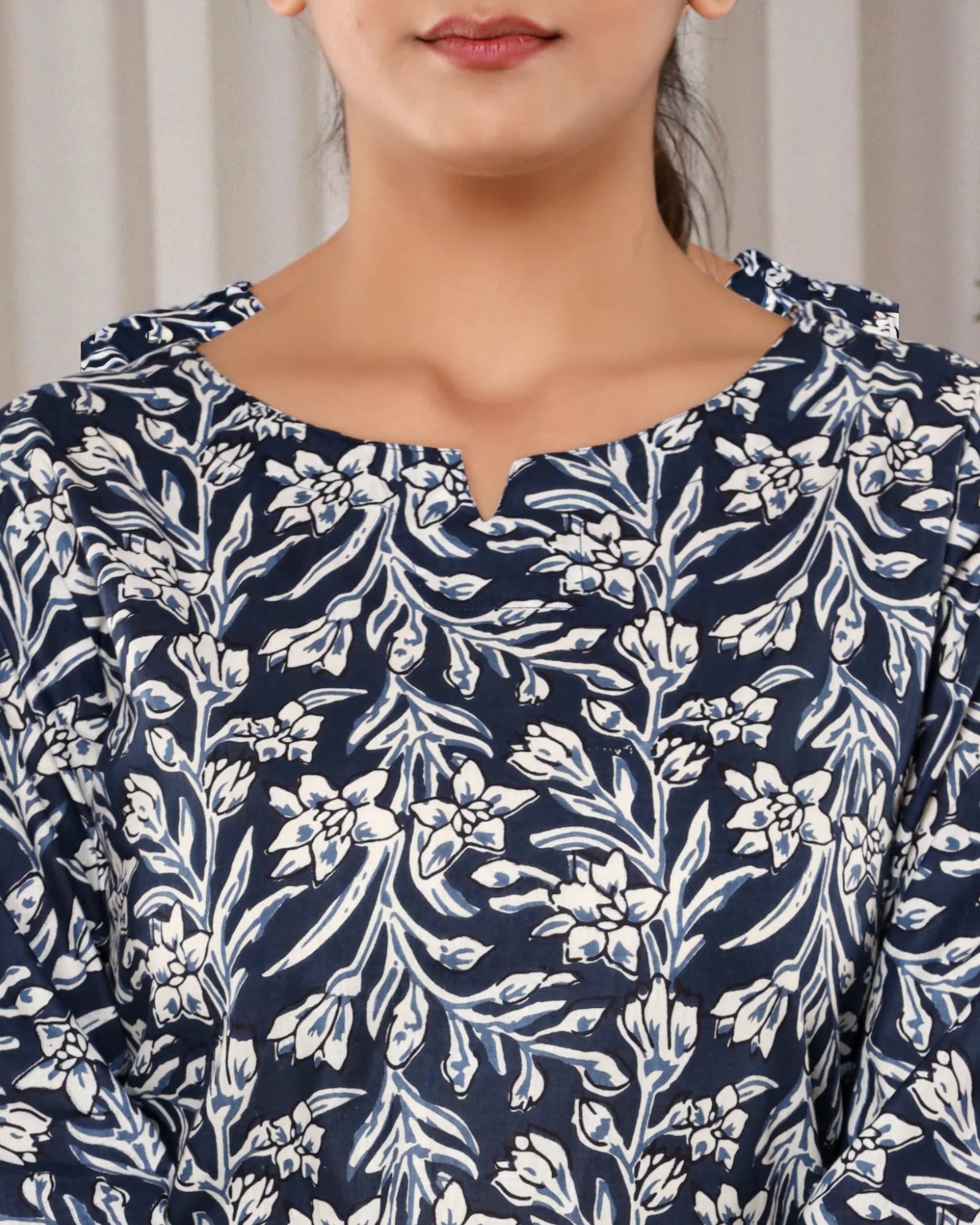 Dark Blue Floral Printed Cotton Night Suit