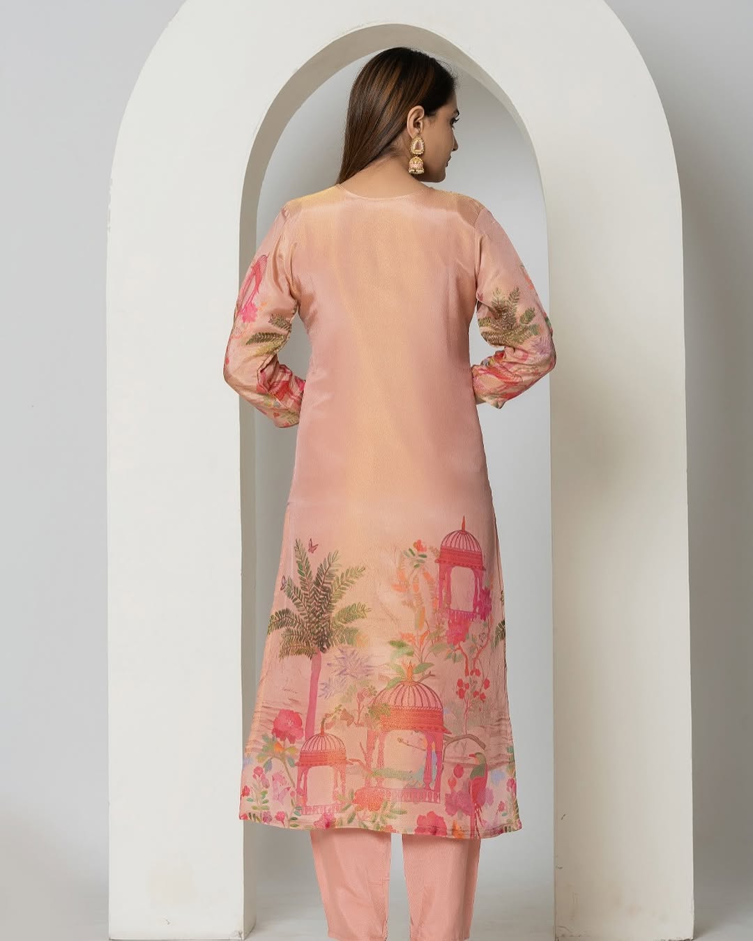 Peach Chinon Silk Floral Embroidered Kurta Set