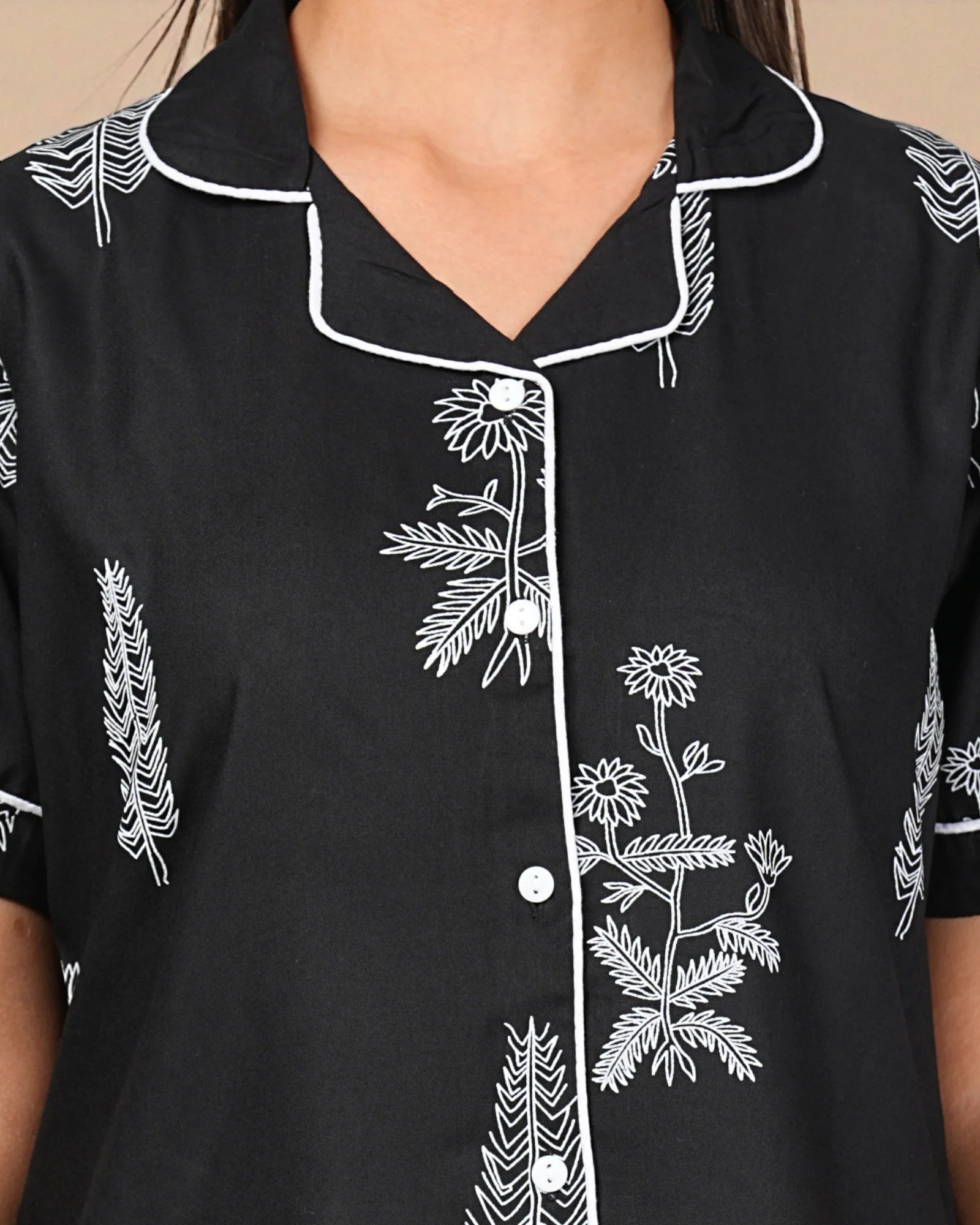 Black Floral Printed Night Suit