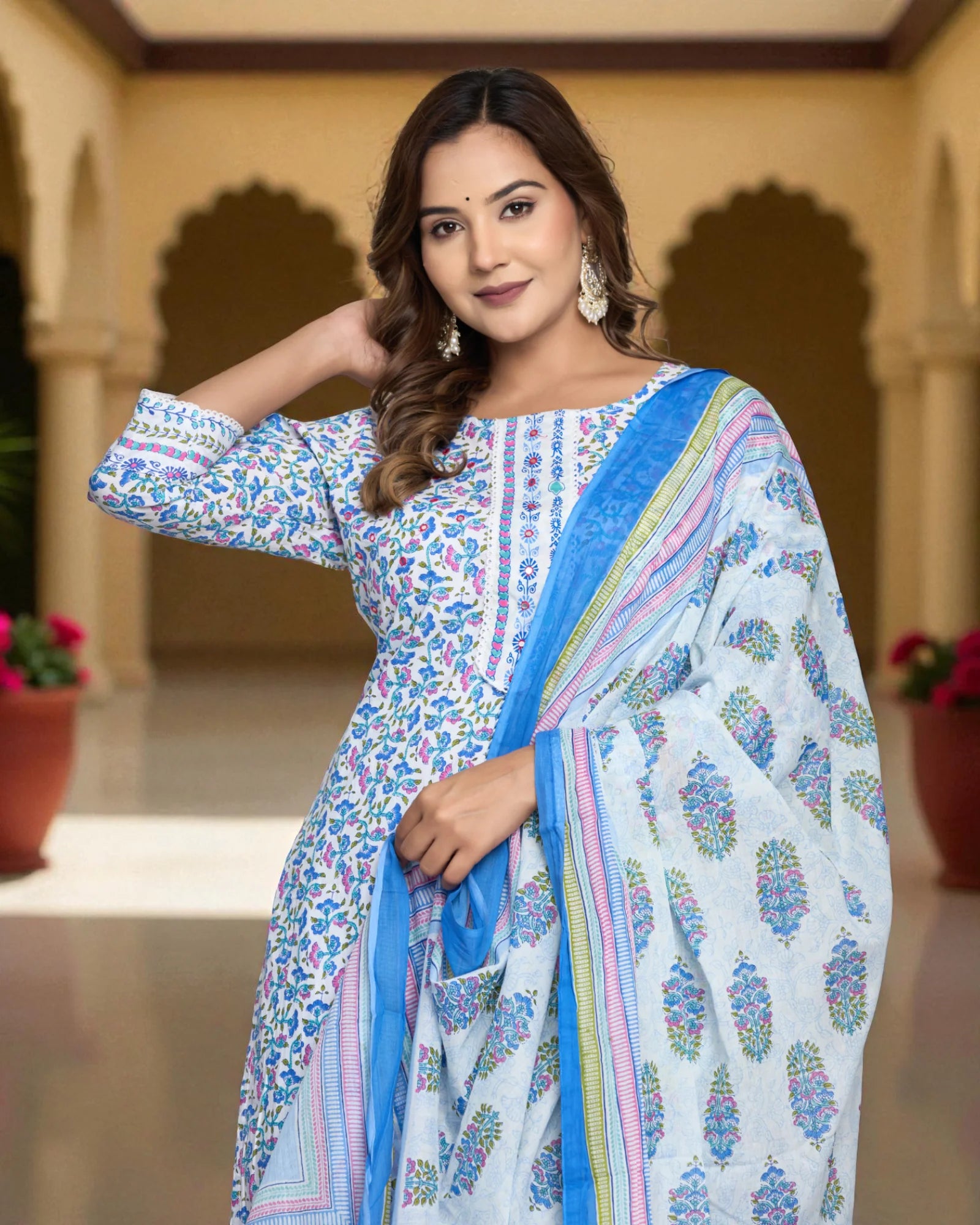 Floral Printed Cotton Kurta Set With Scarf