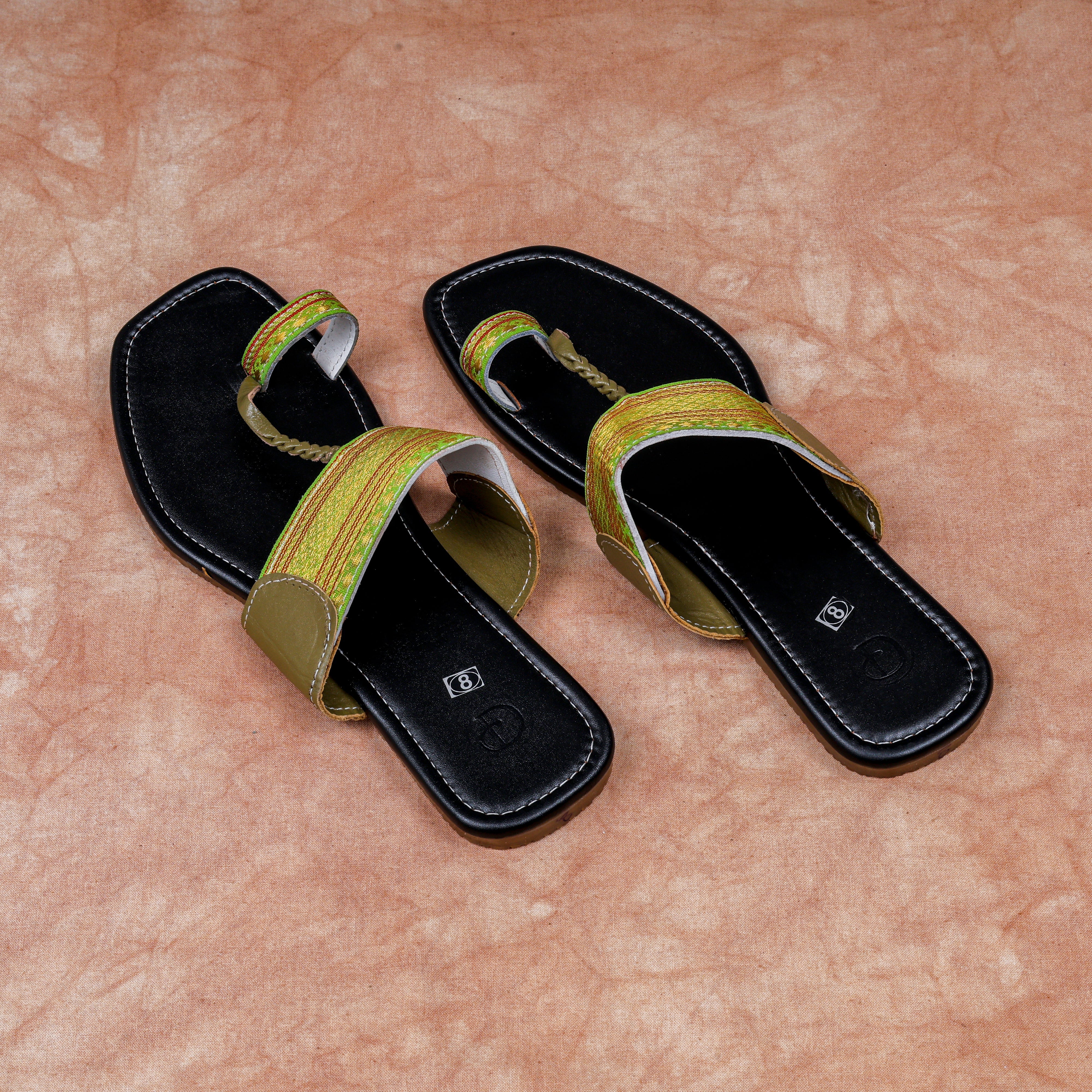 Black Leather Open Toe Kolhapuri Flats