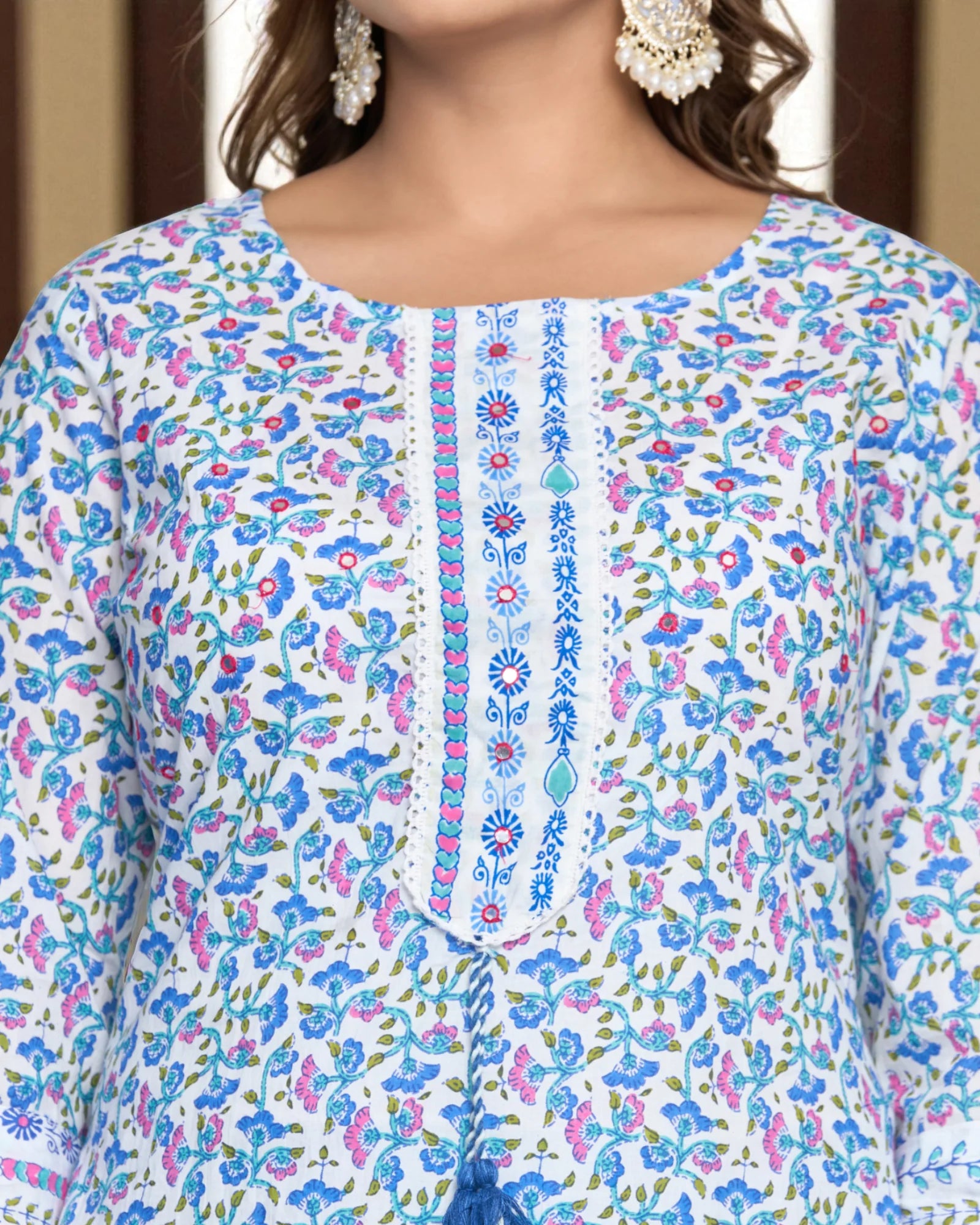 Floral Printed Cotton Kurta Set With Scarf