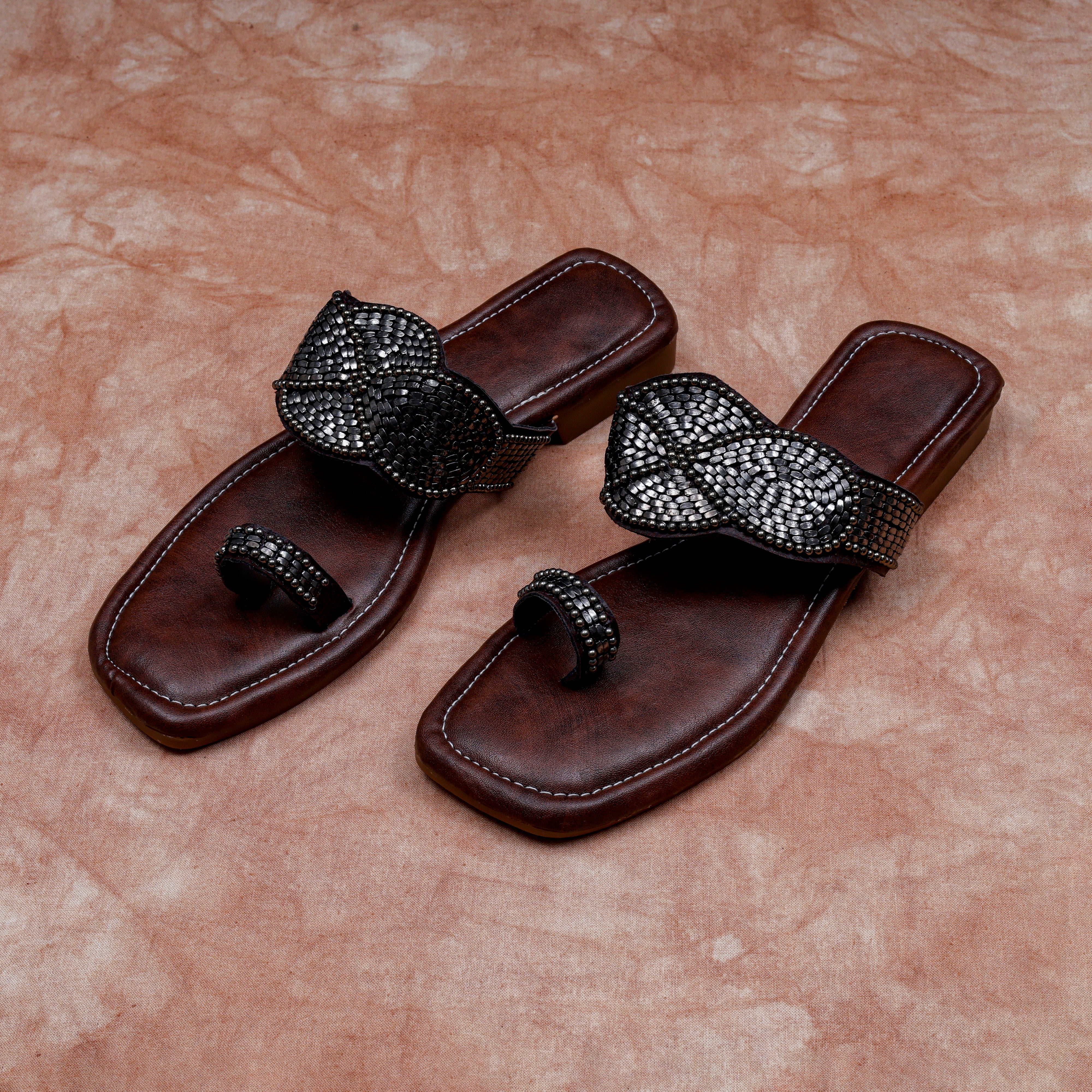 Brown Open Toe Artisan Ethnic Flats
