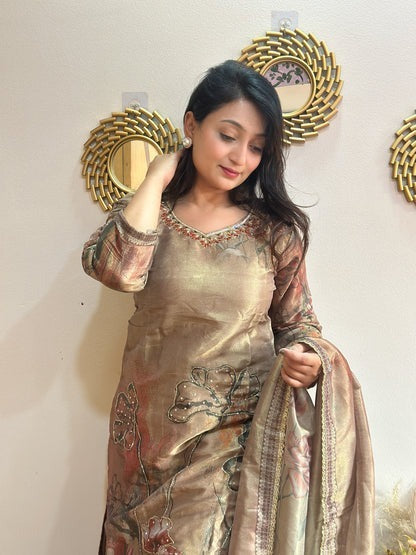 Golden Brown Beaded Floral Tissue Kurta Set