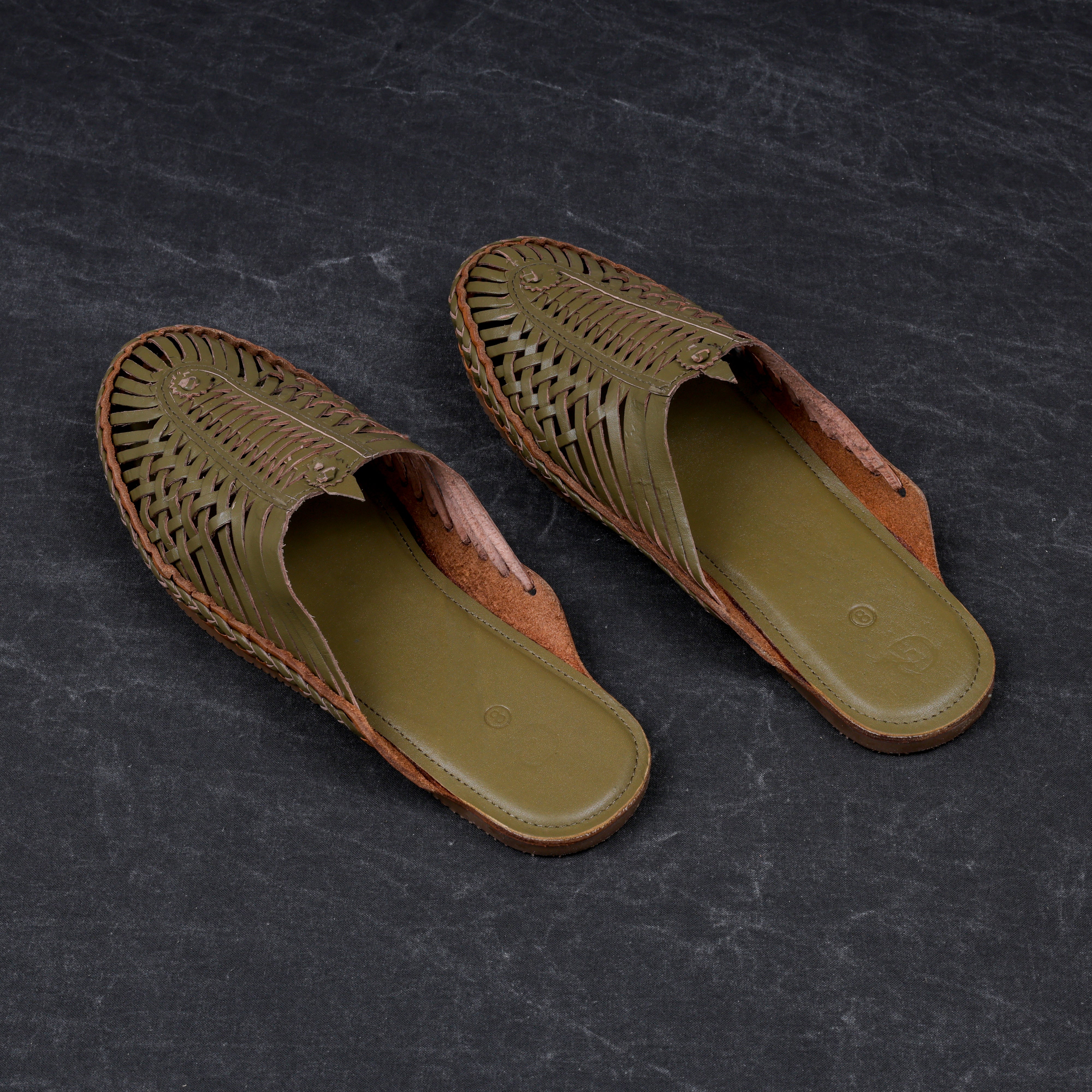 Olive Green Patent Leather Ethnic Mules