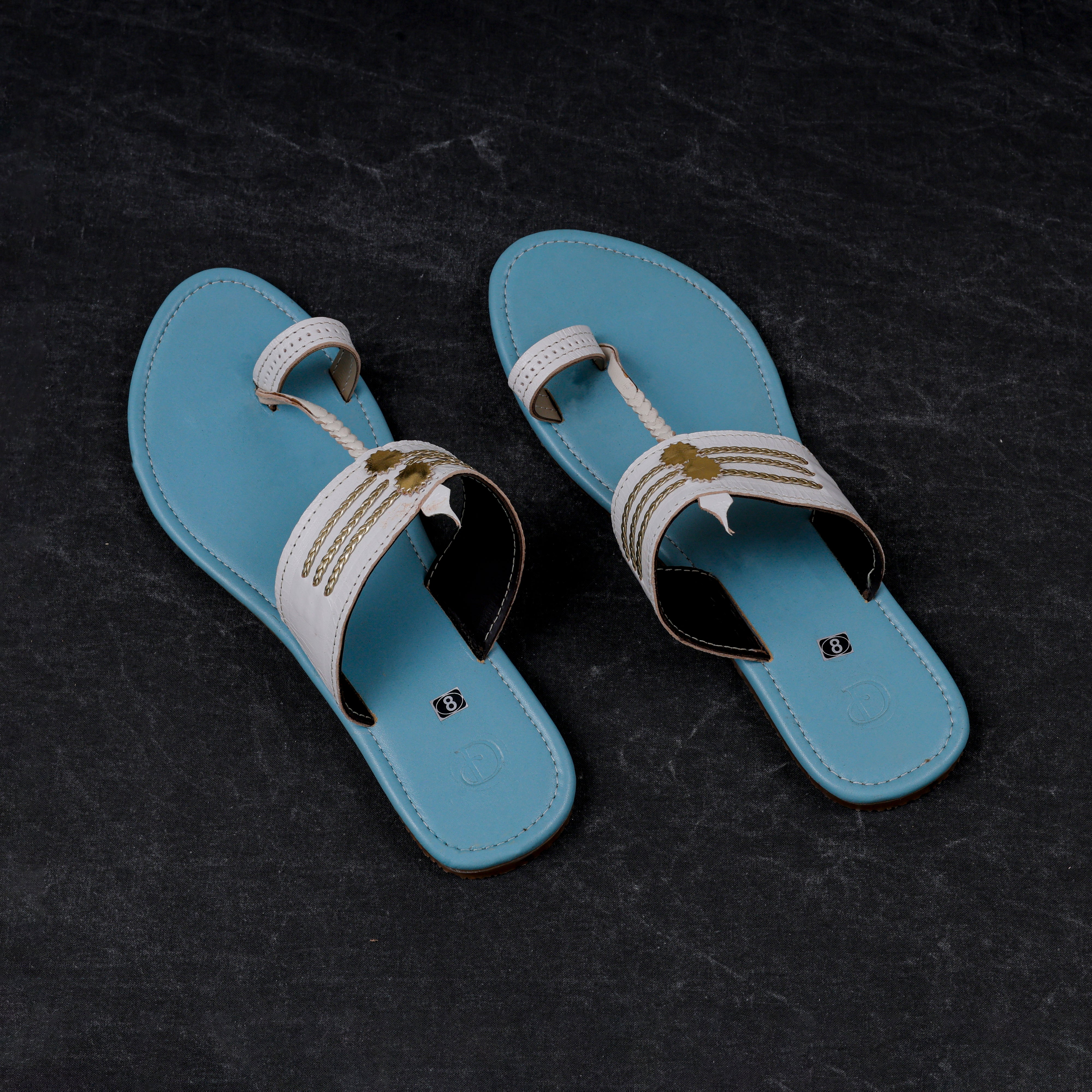 Sky Blue Open Toe Artisan Leather Flats