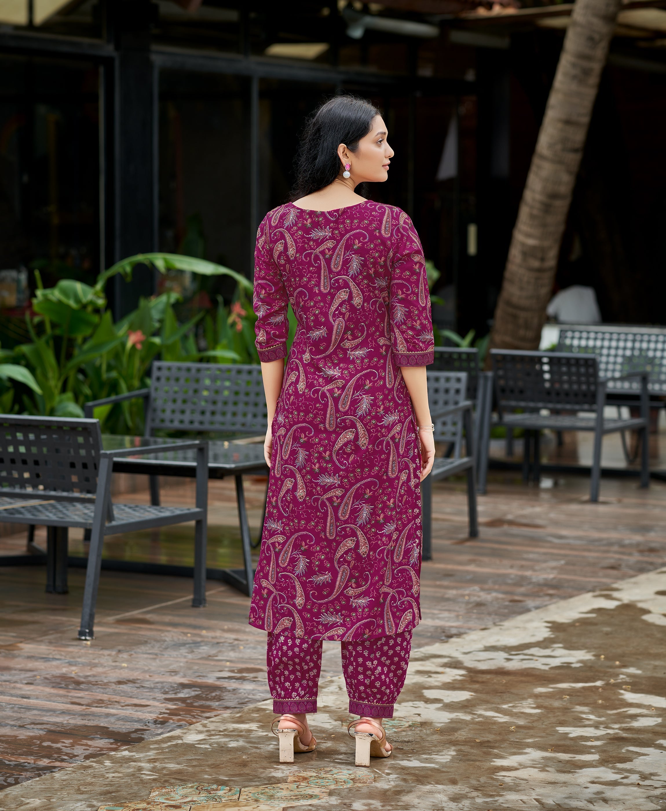 Dark Pink Cotton Embroidered Kurta Set