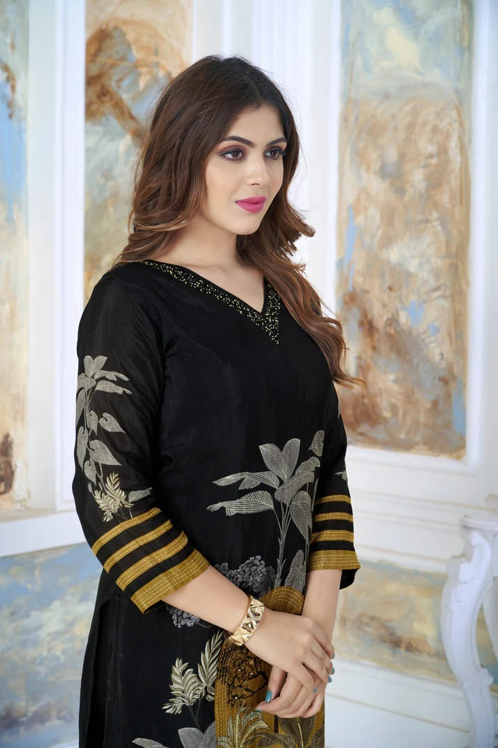 Black Beaded Chinon Silk Kurta Set