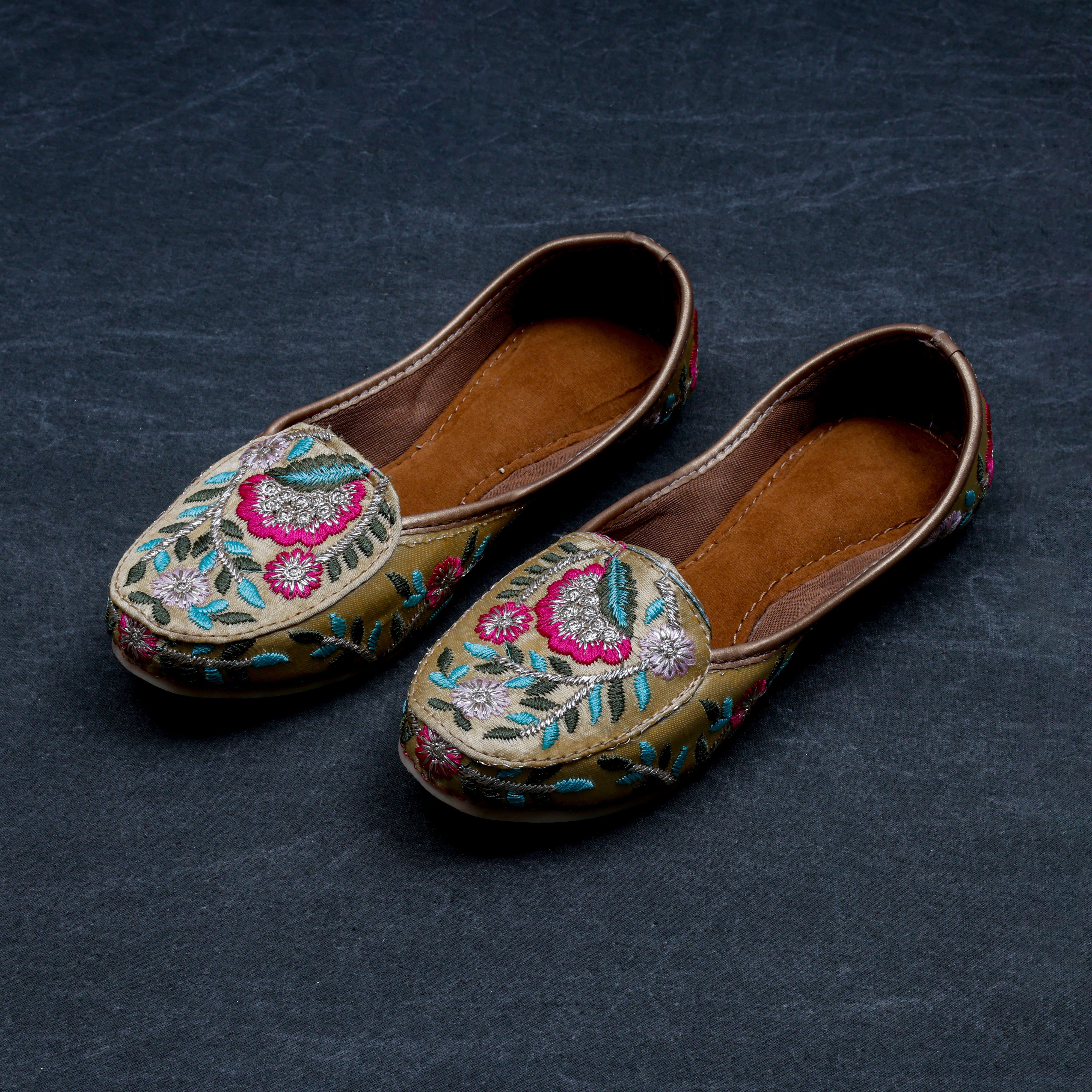 Gold Two Tone Fabric Ethnic Loafers