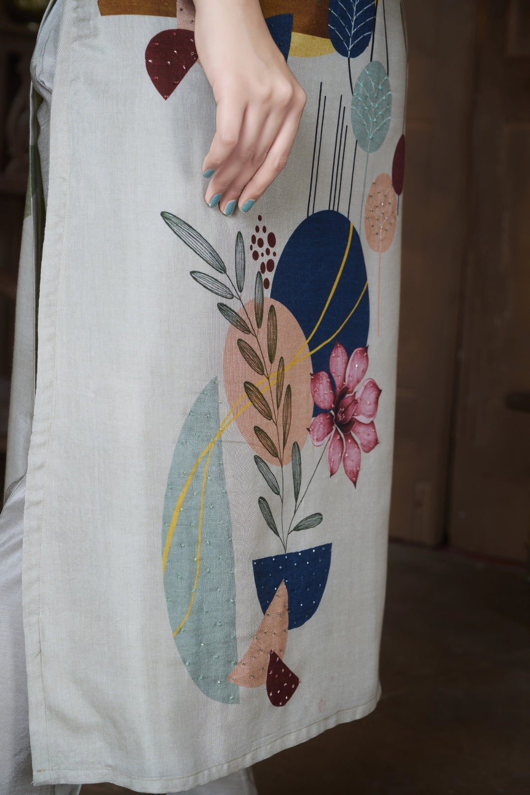 Light Gray Chinon Silk Floral Kurta Set