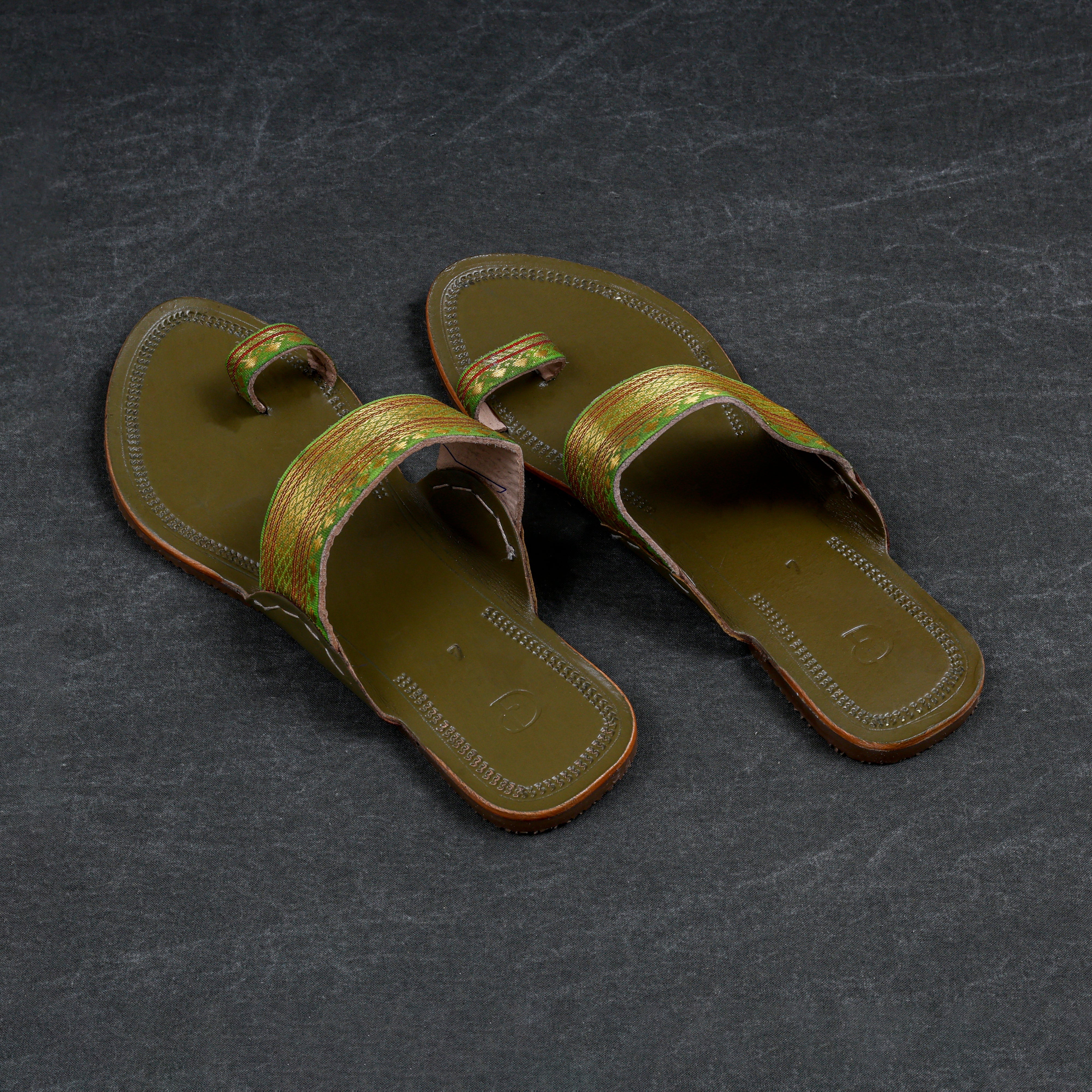 Olive Green Artisan Leather Open Toe Flats