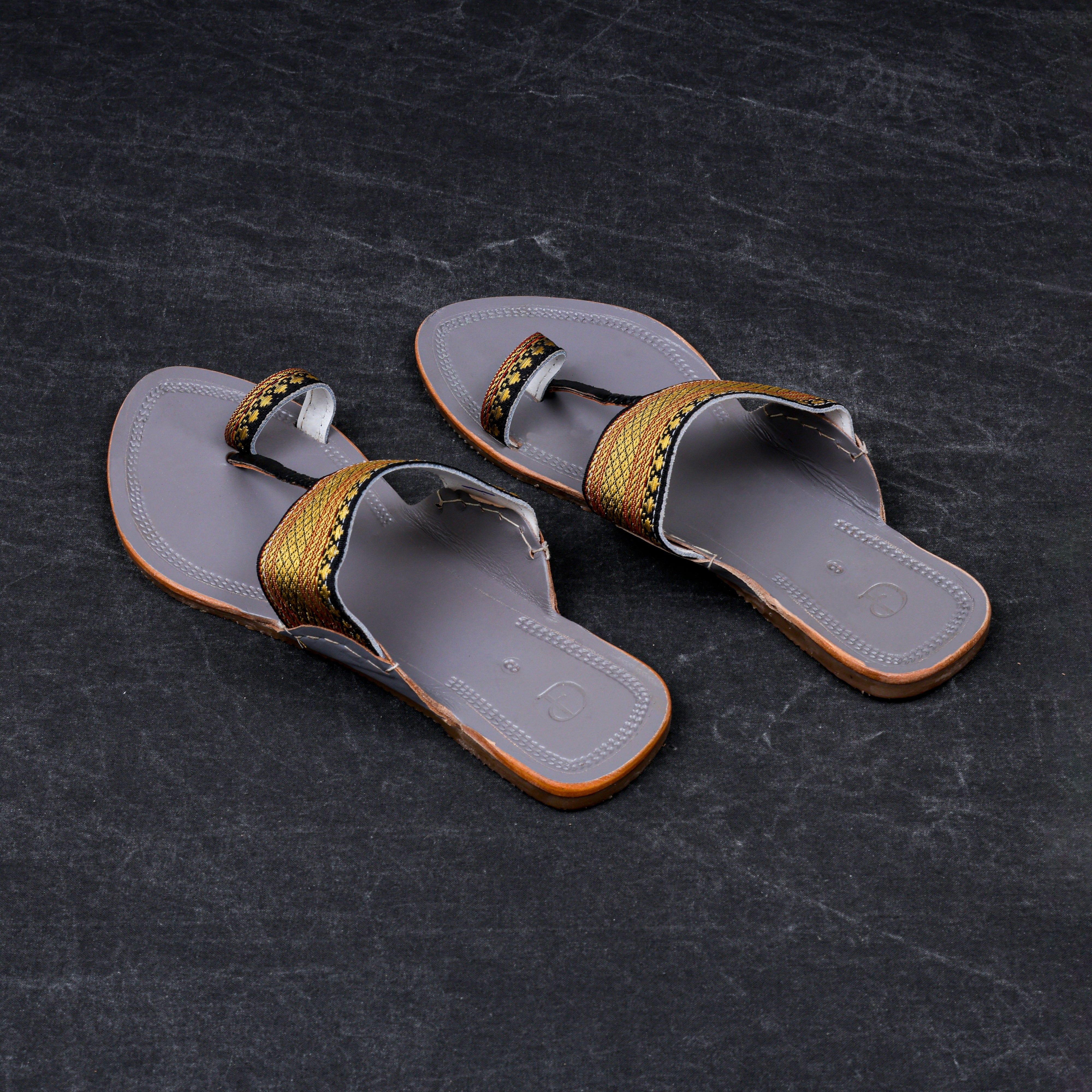 Grey Leather Slip On Kolhapuri Flats