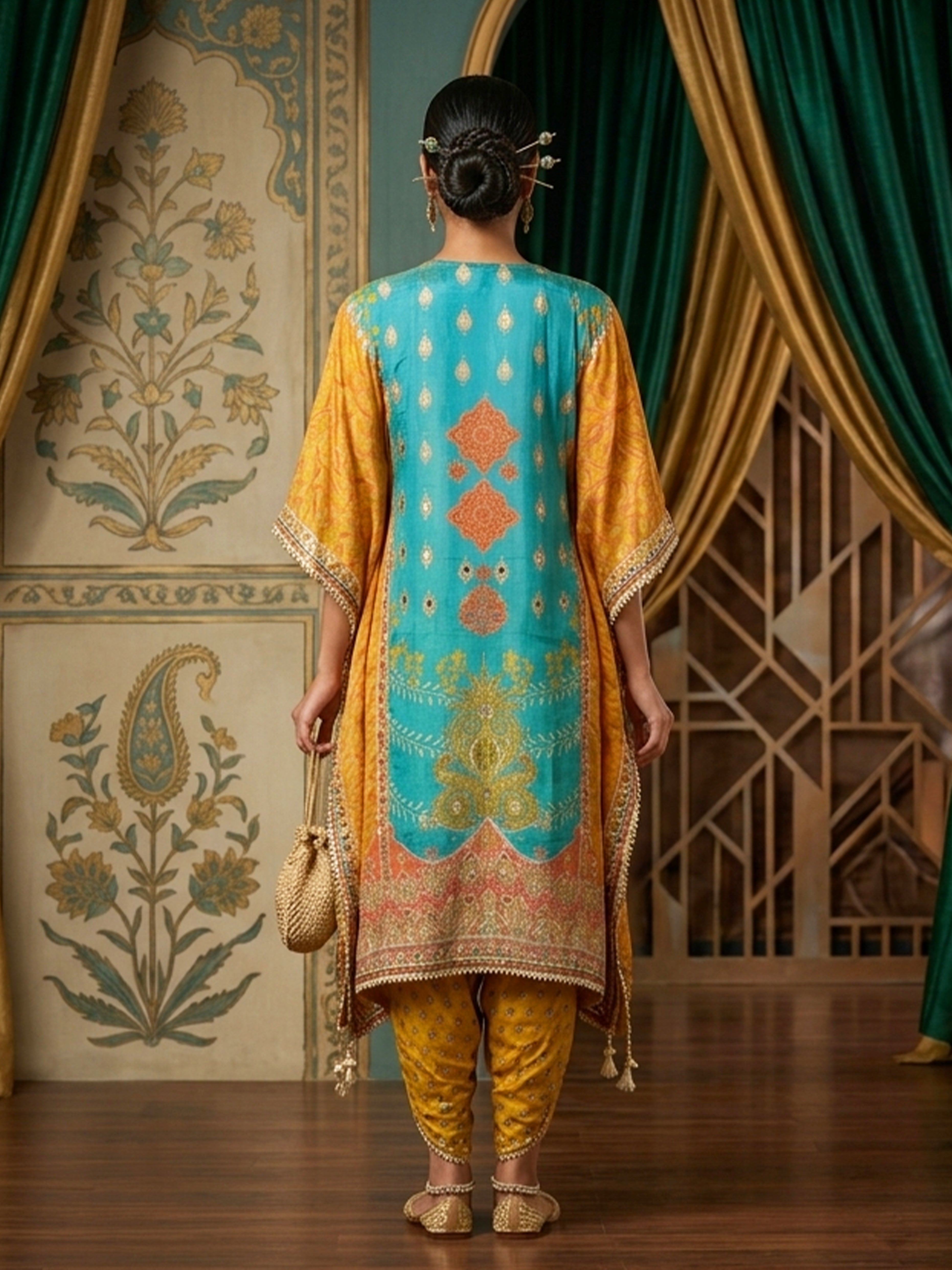 Floral Print Kaftan with Gota Patti Work