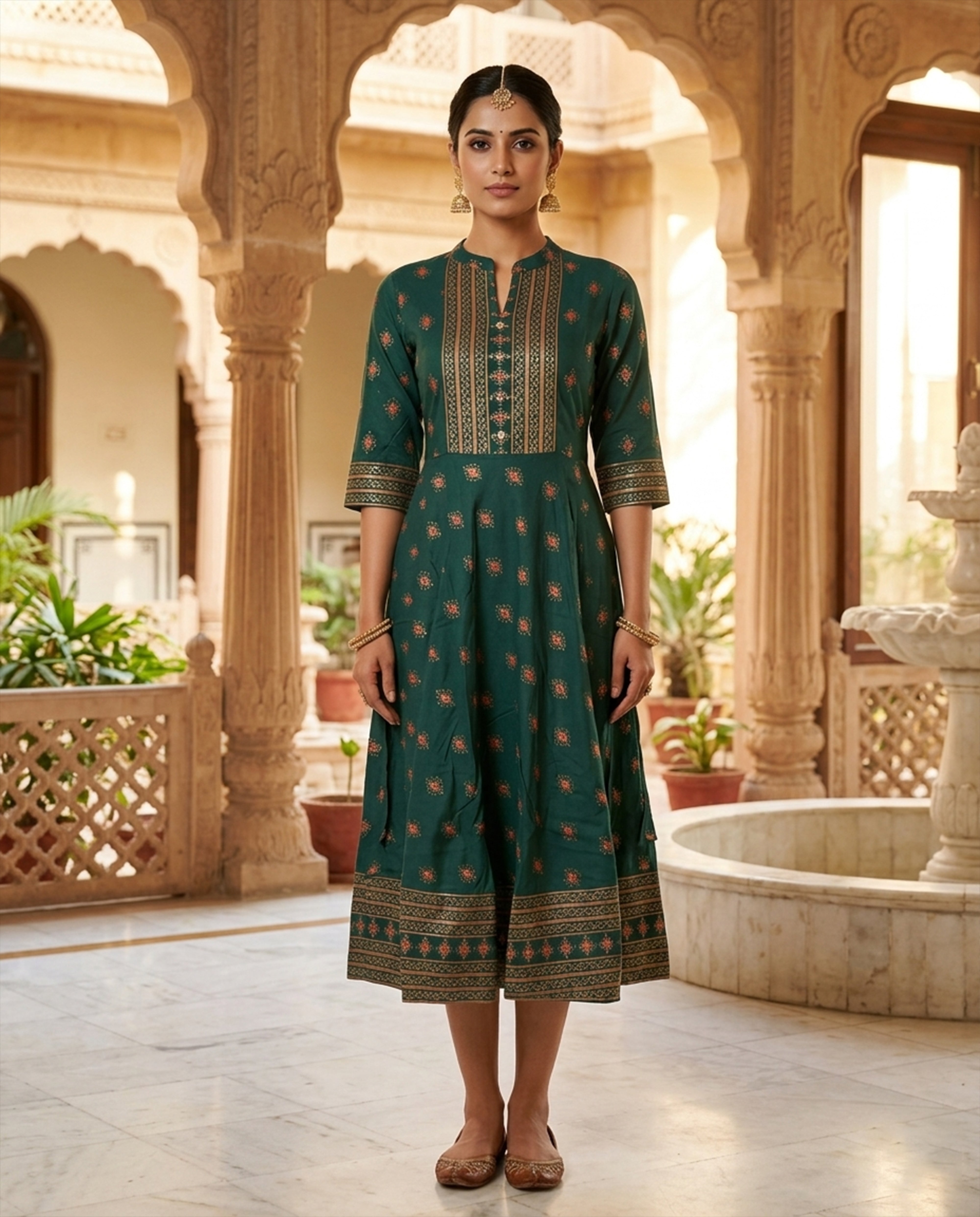 Green Cotton Foil Print Kurthi