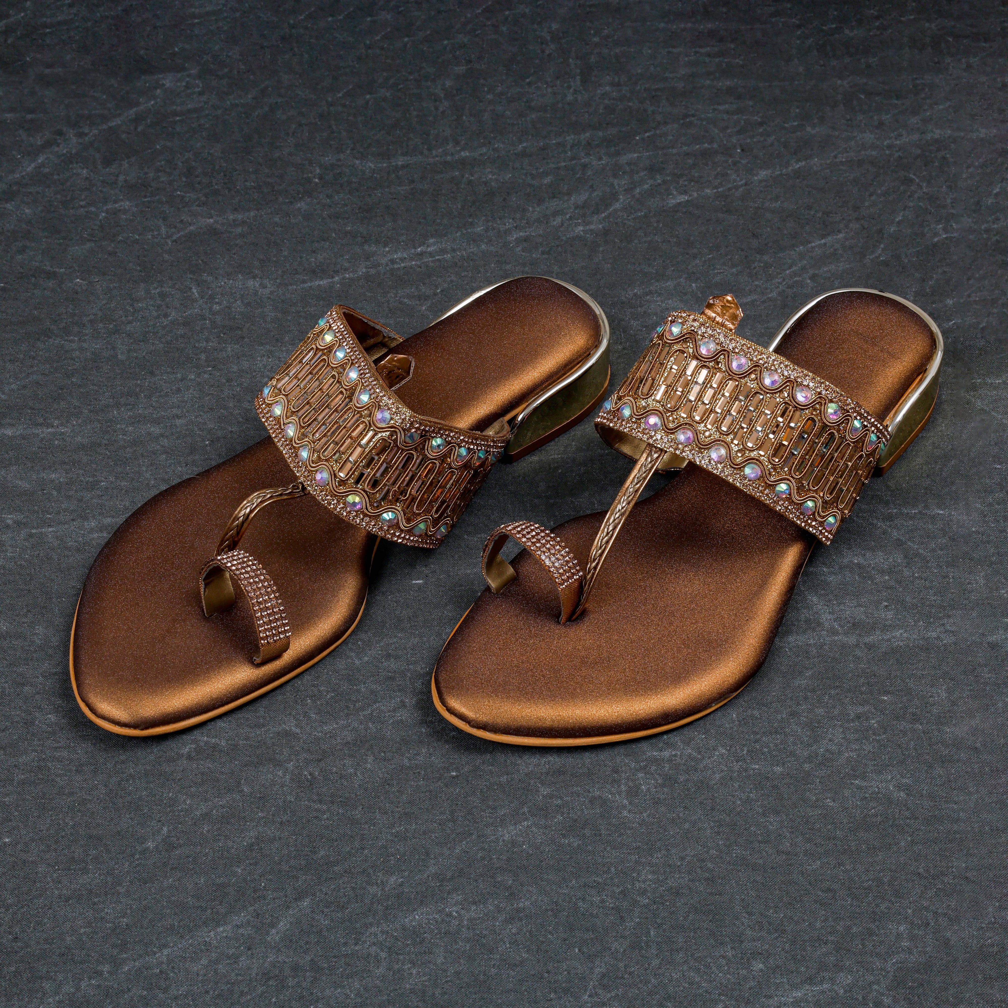 Gold Rexine Open Toe Ethnic Flats