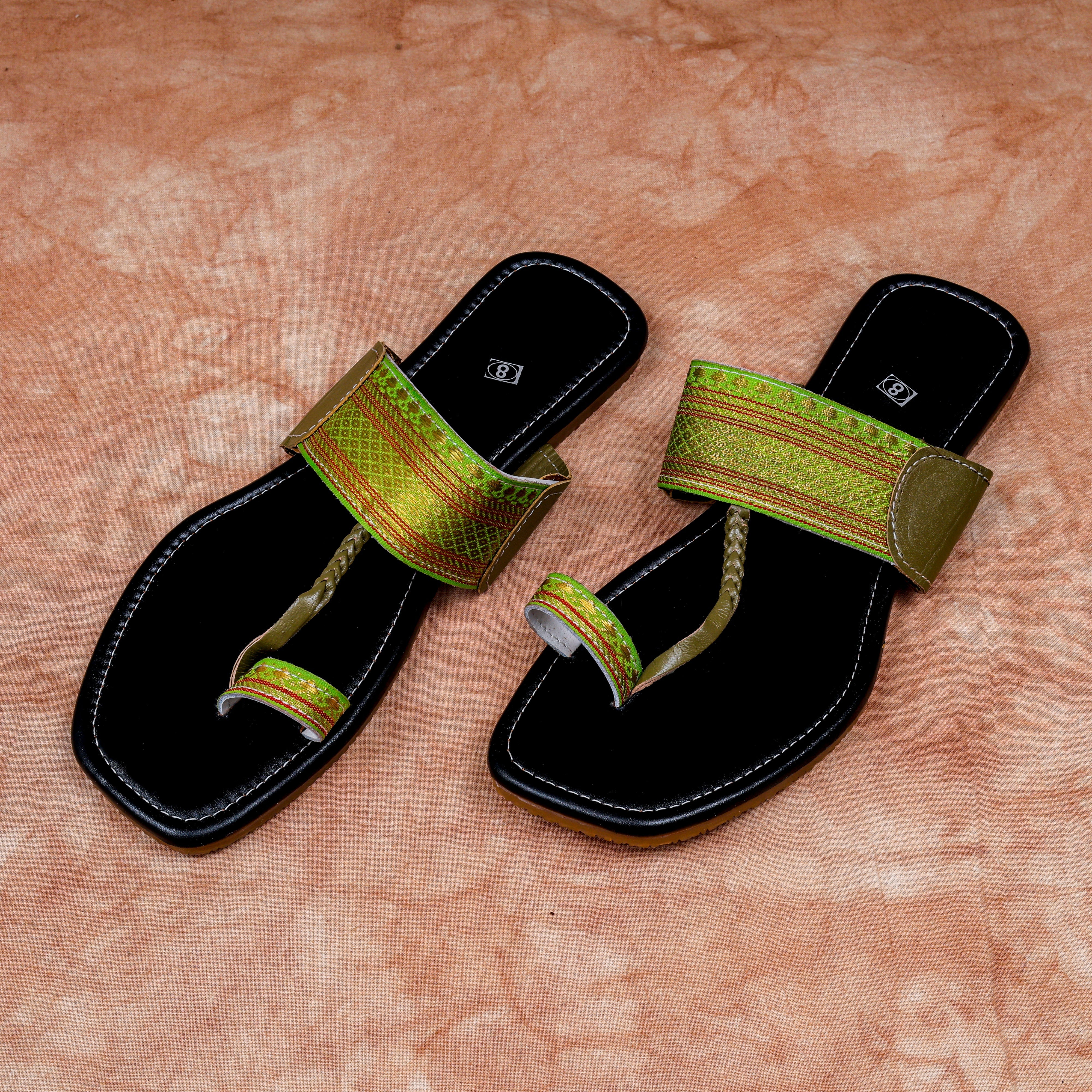 Black Leather Open Toe Kolhapuri Flats