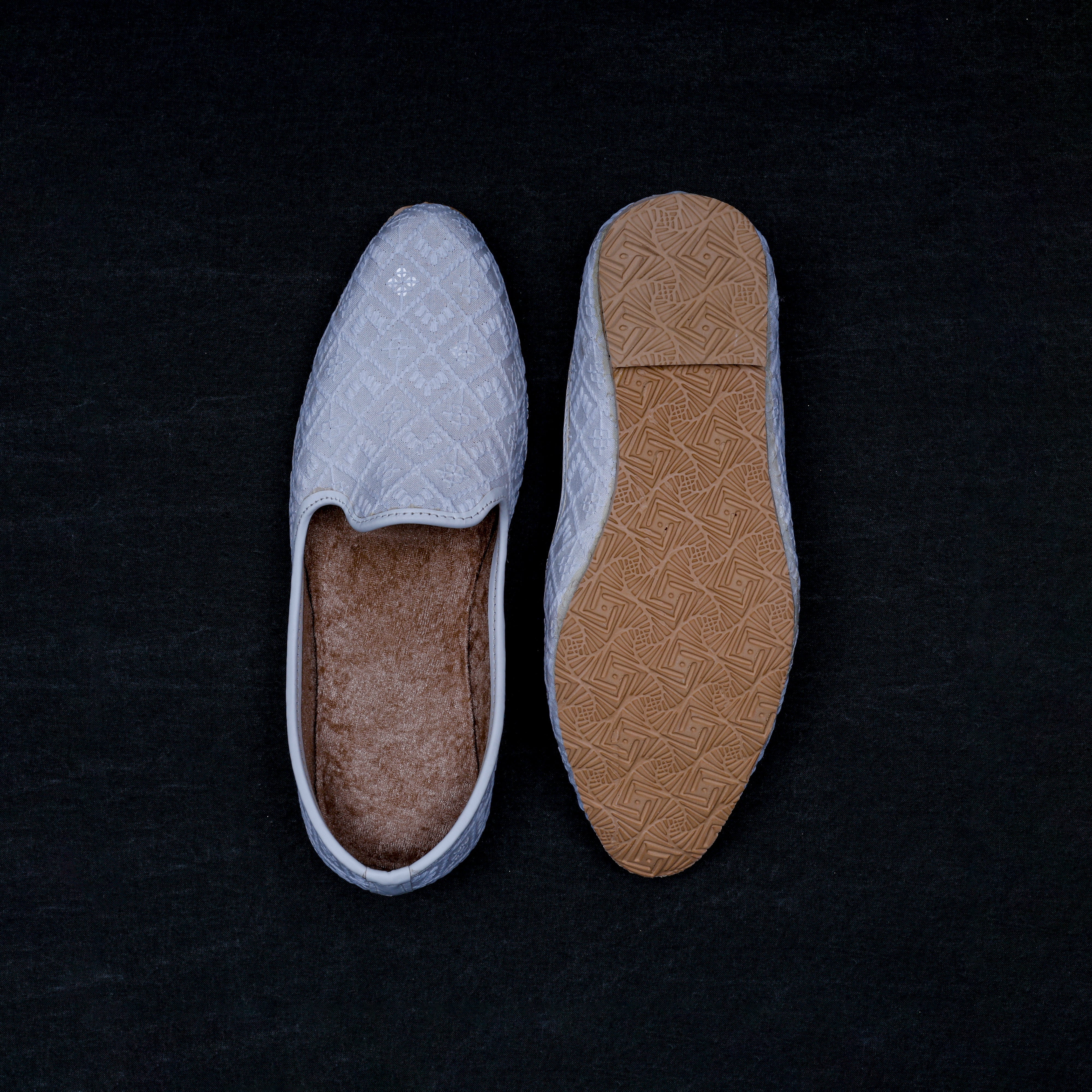 White Textured Almond Fabric Jutti