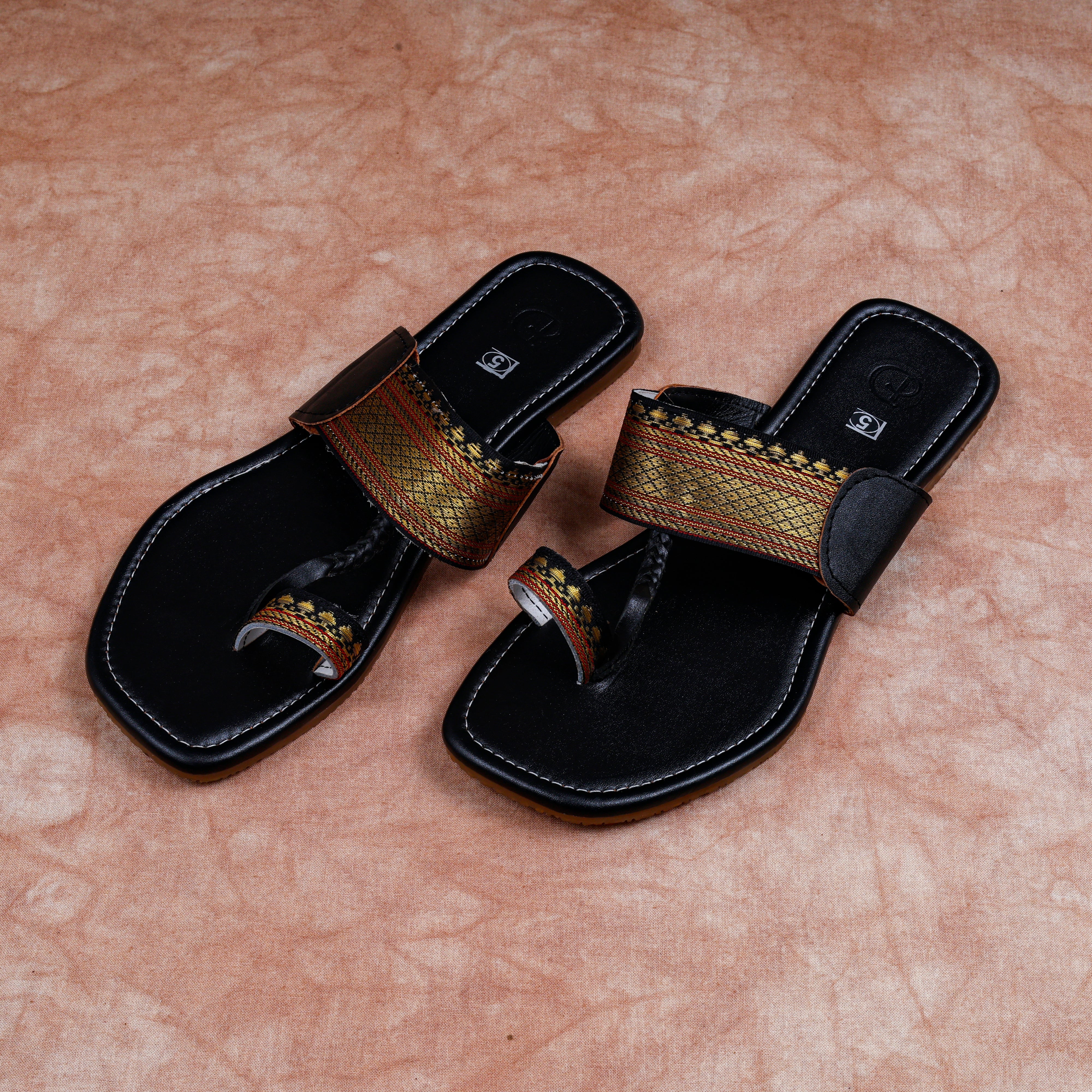 Black Leather Open Toe Ethnic Flats