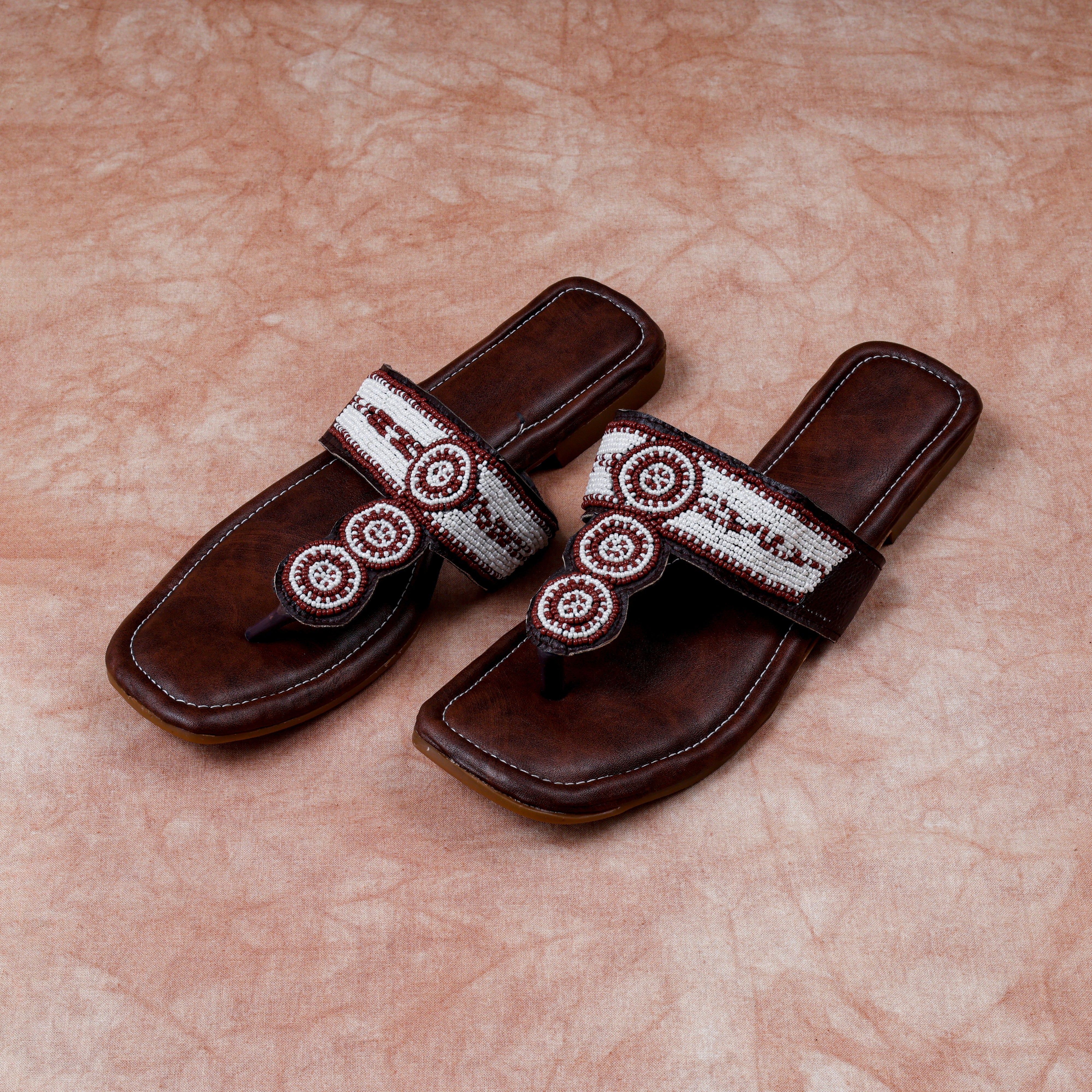 Brown Rexine Open Toe Ethnic Flats