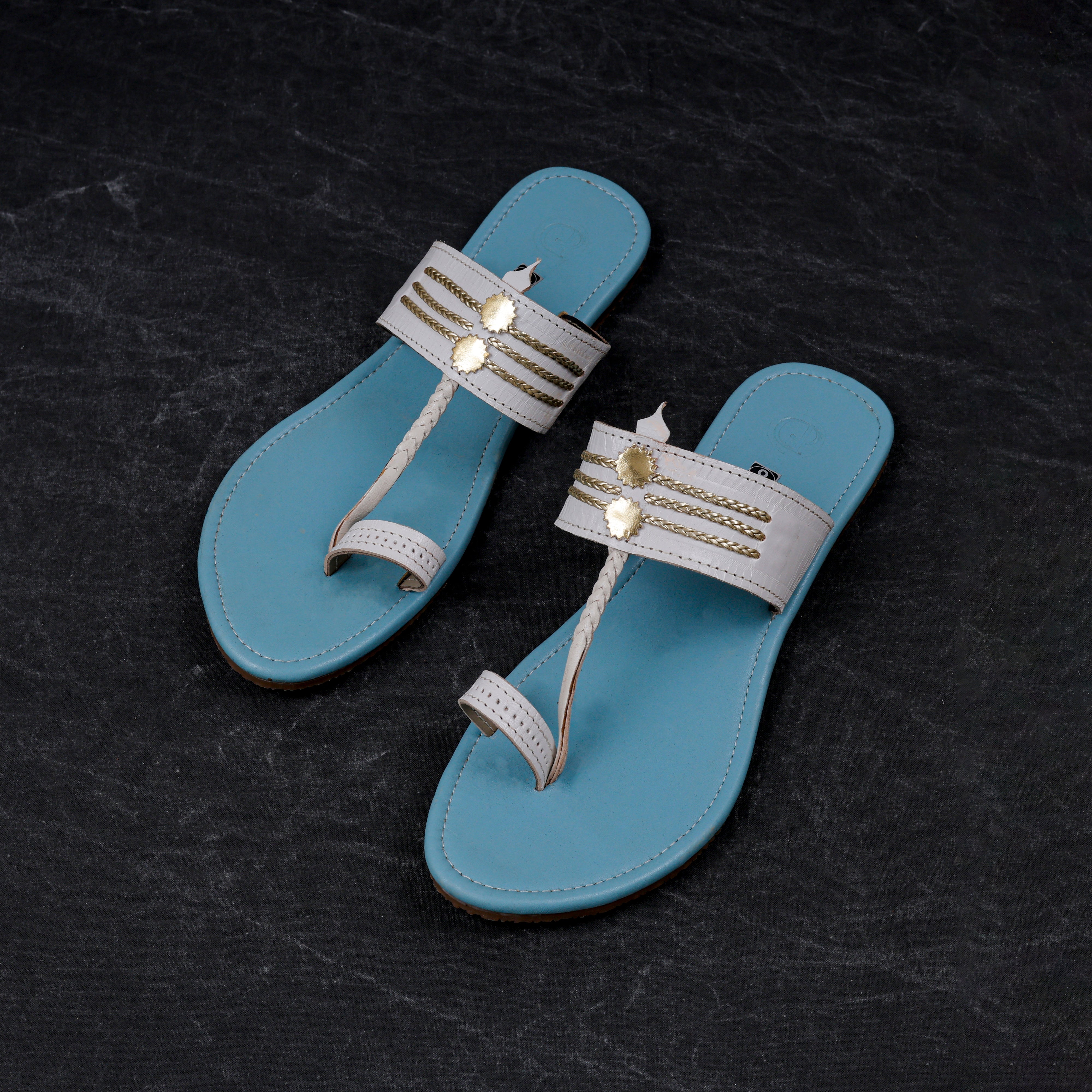 Sky Blue Open Toe Artisan Leather Flats