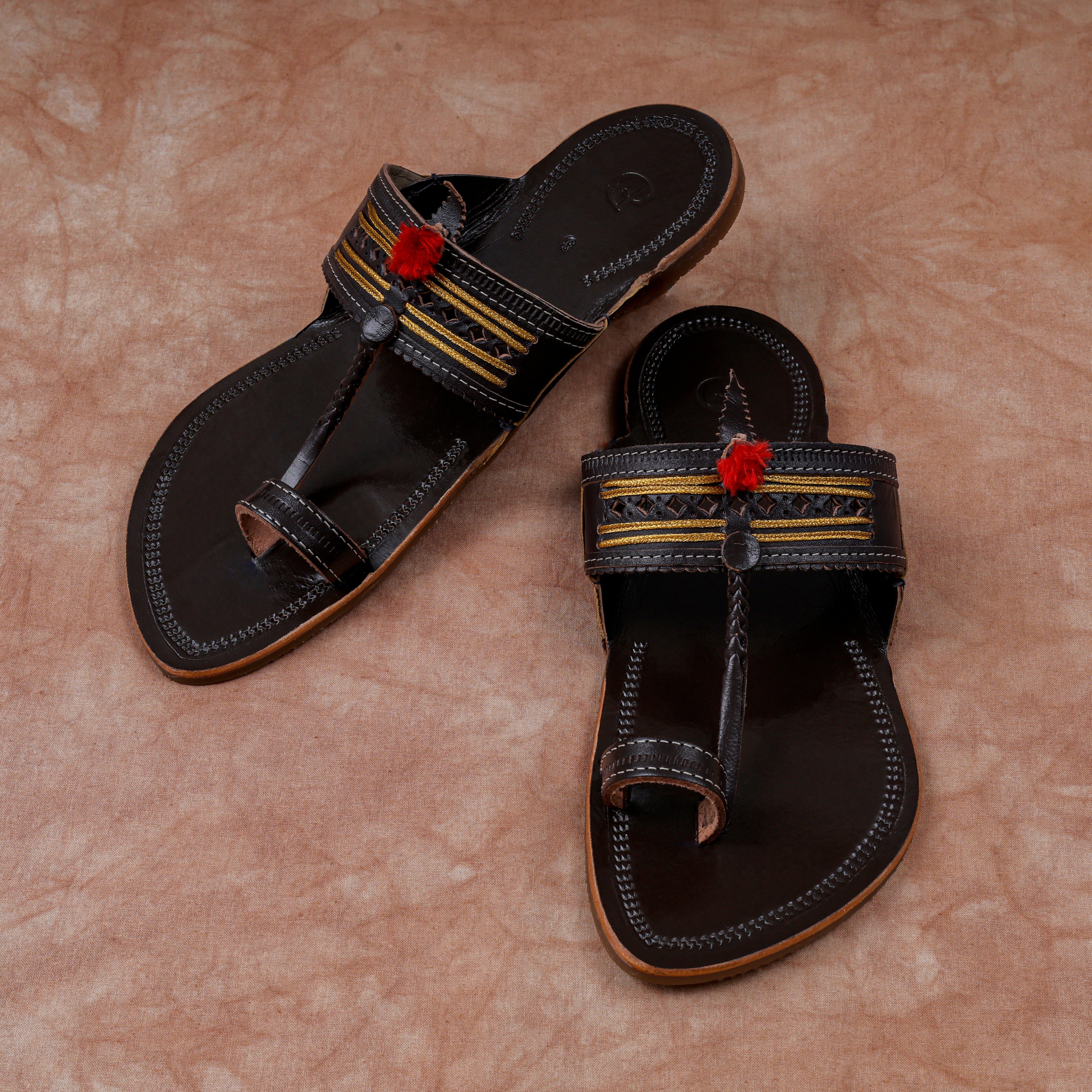 Glossy Dark Brown Leather Kolhapuri Sandals