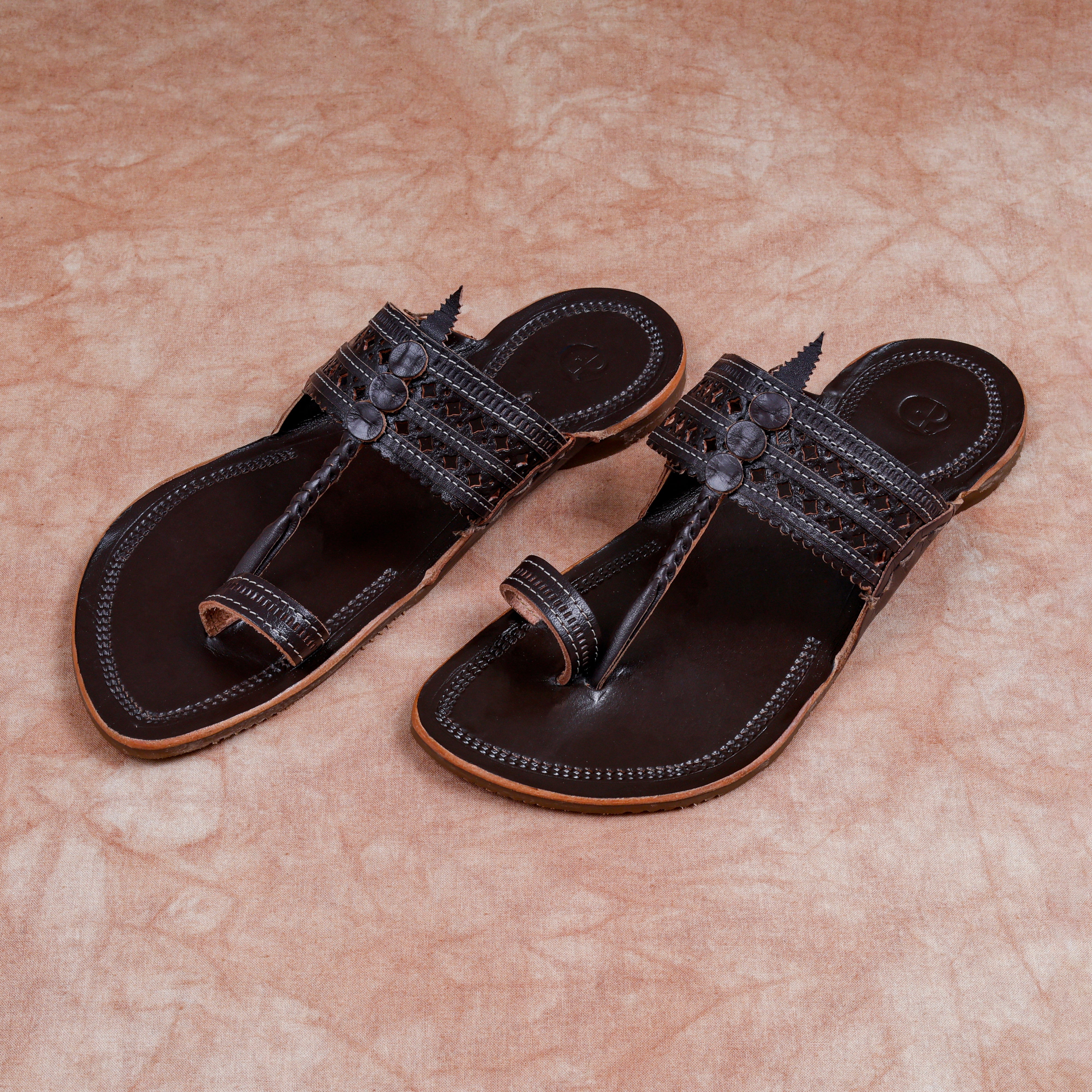 Dark Brown Glossy Leather Kolhapuri Sandals