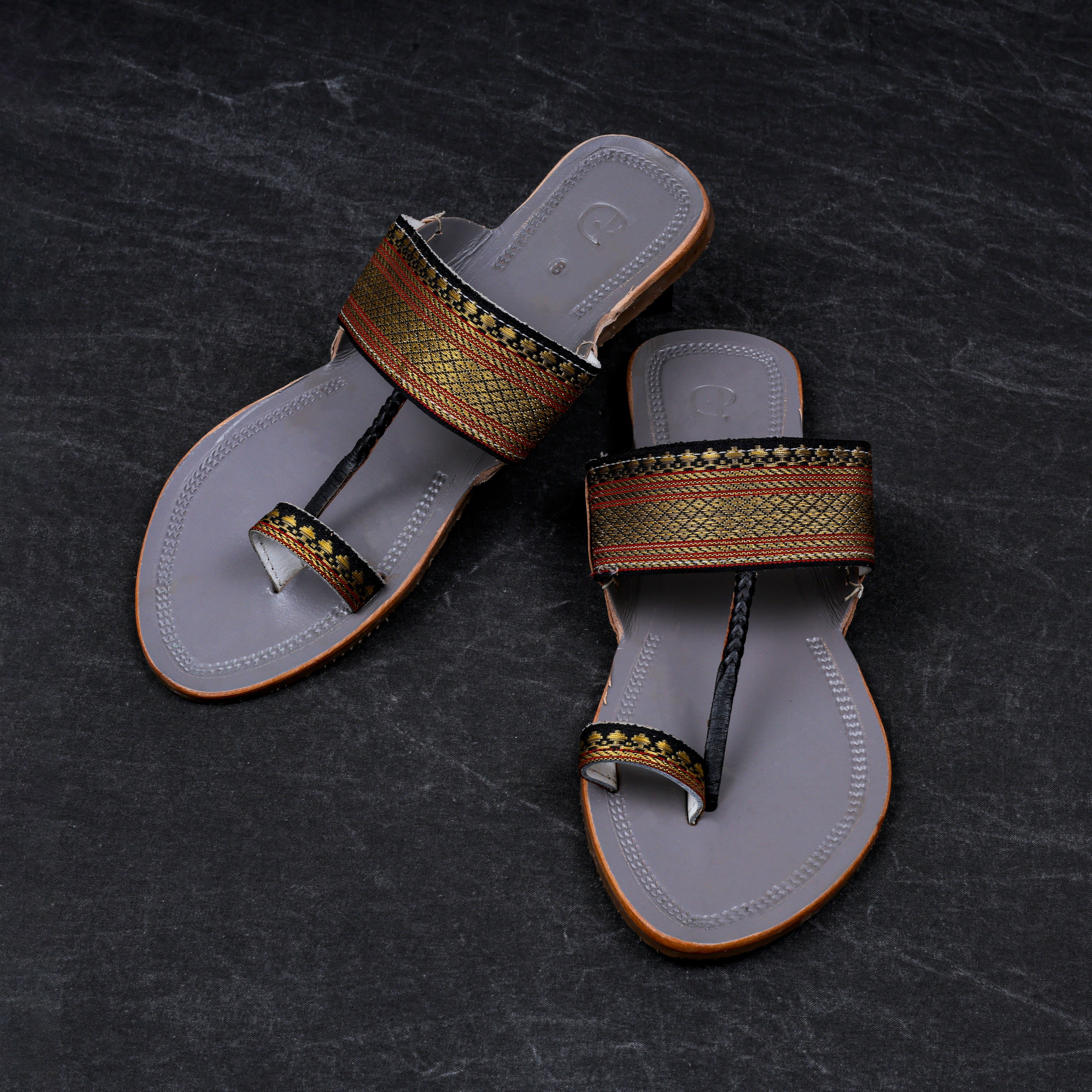 Grey Leather Slip On Kolhapuri Flats