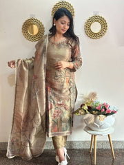 Golden Brown Beaded Floral Tissue Kurta Set