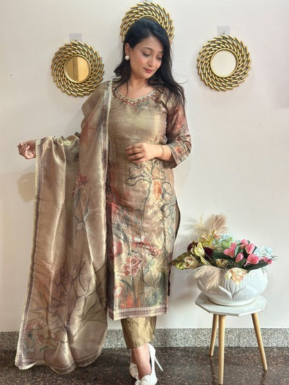 Golden Brown Beaded Floral Tissue Kurta Set