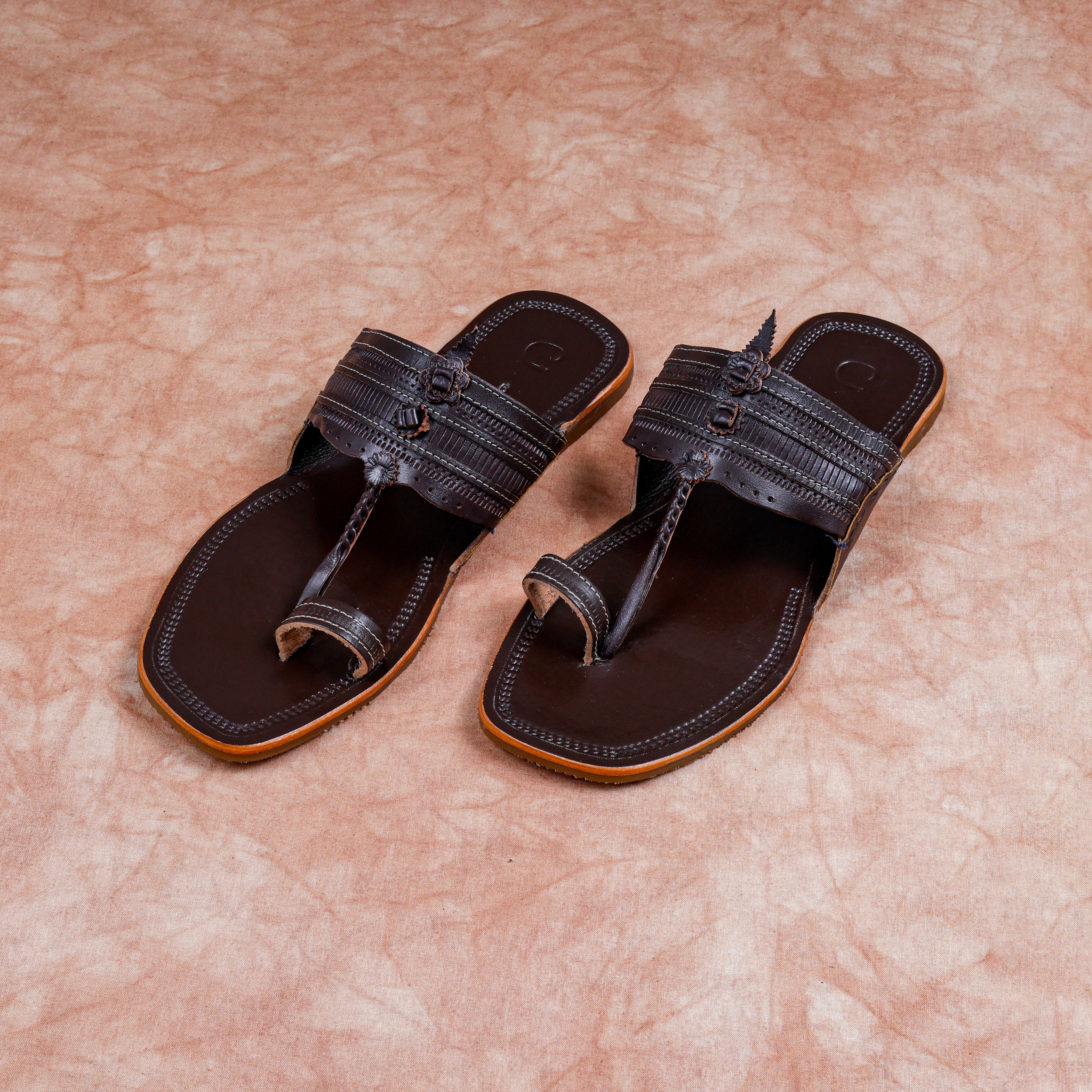 Dark Brown Heritage Patent Kolhapuri Sandals