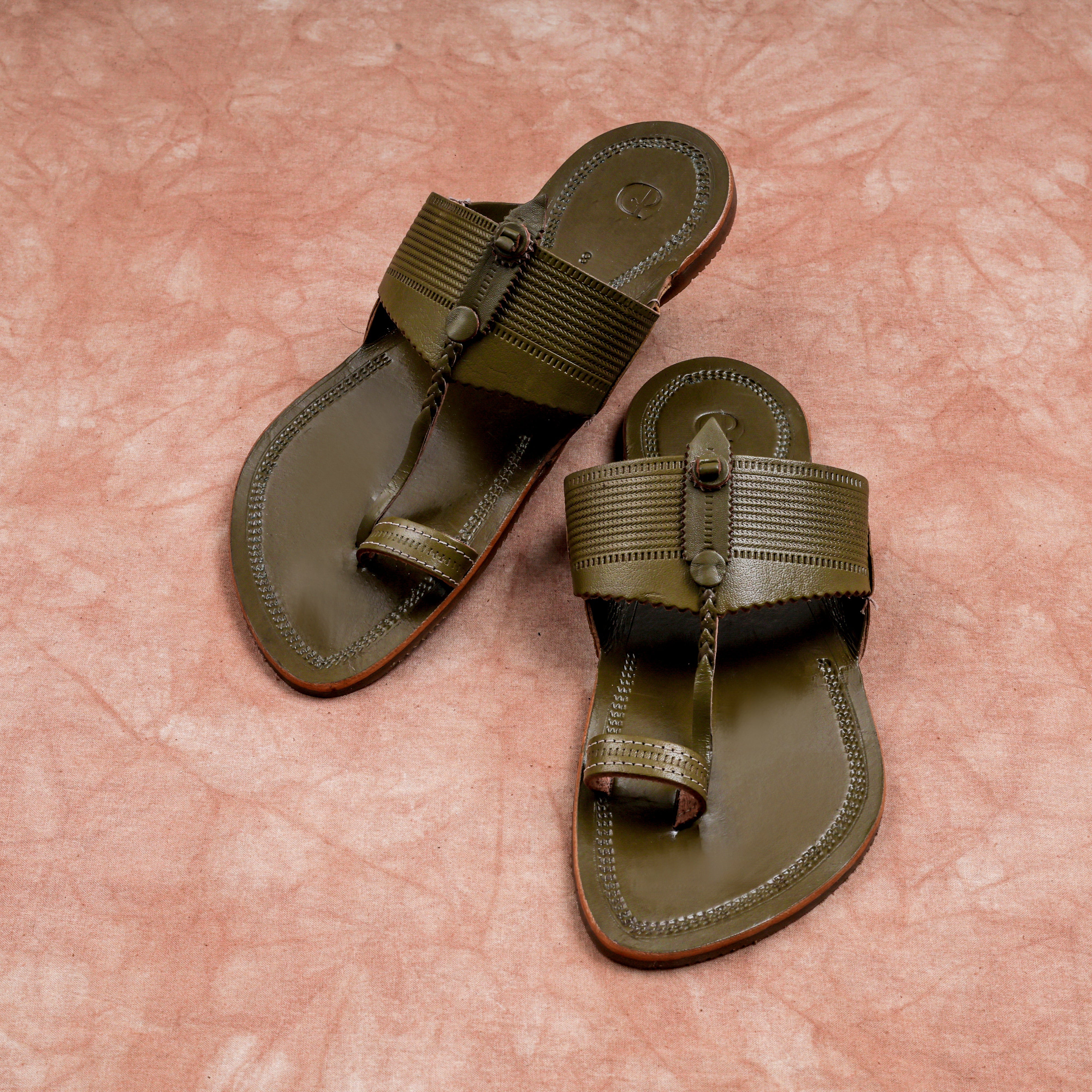 Glossy Olive Green Leather Kolhapuri Sandals