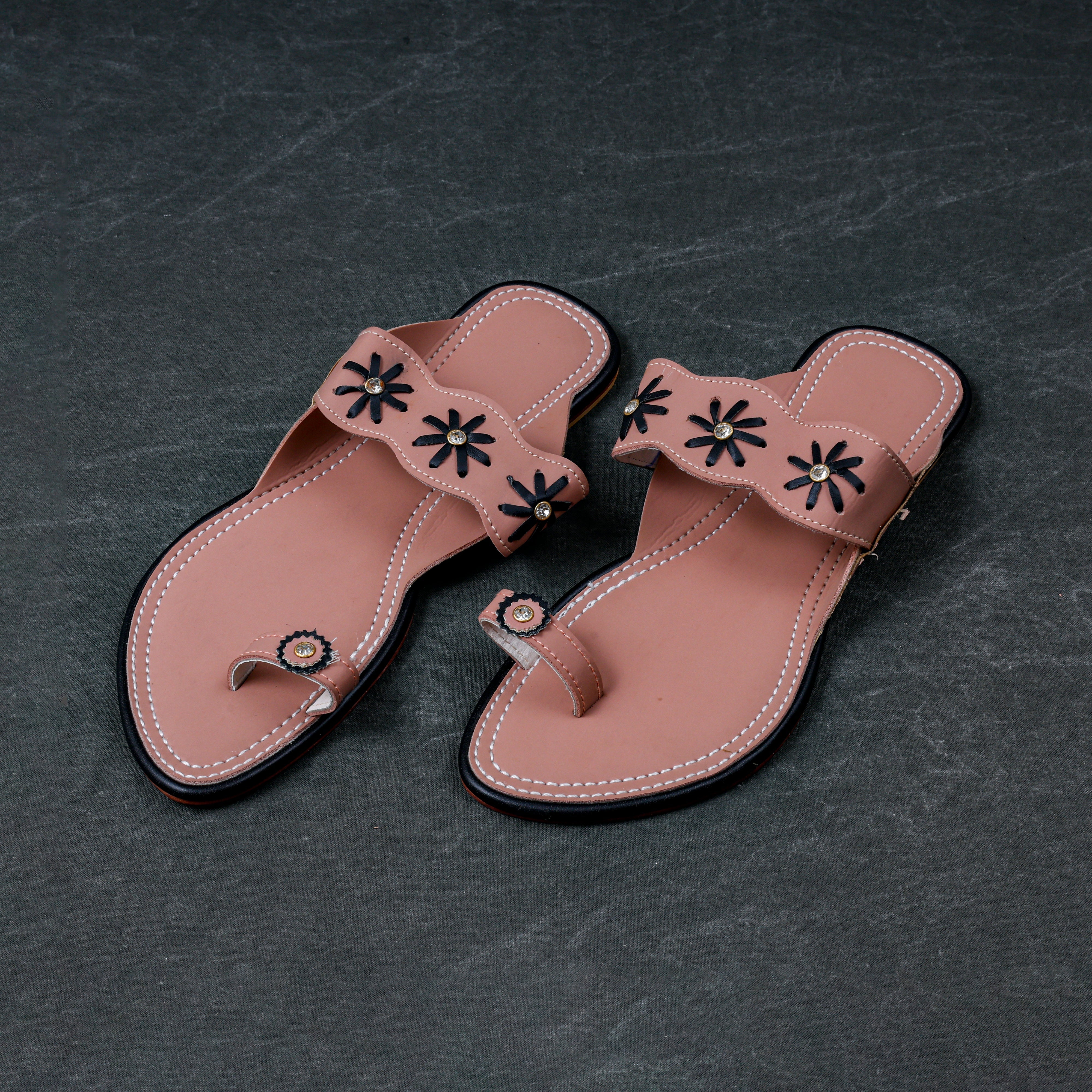 Peach Rexine Open Toe Ethnic Flats