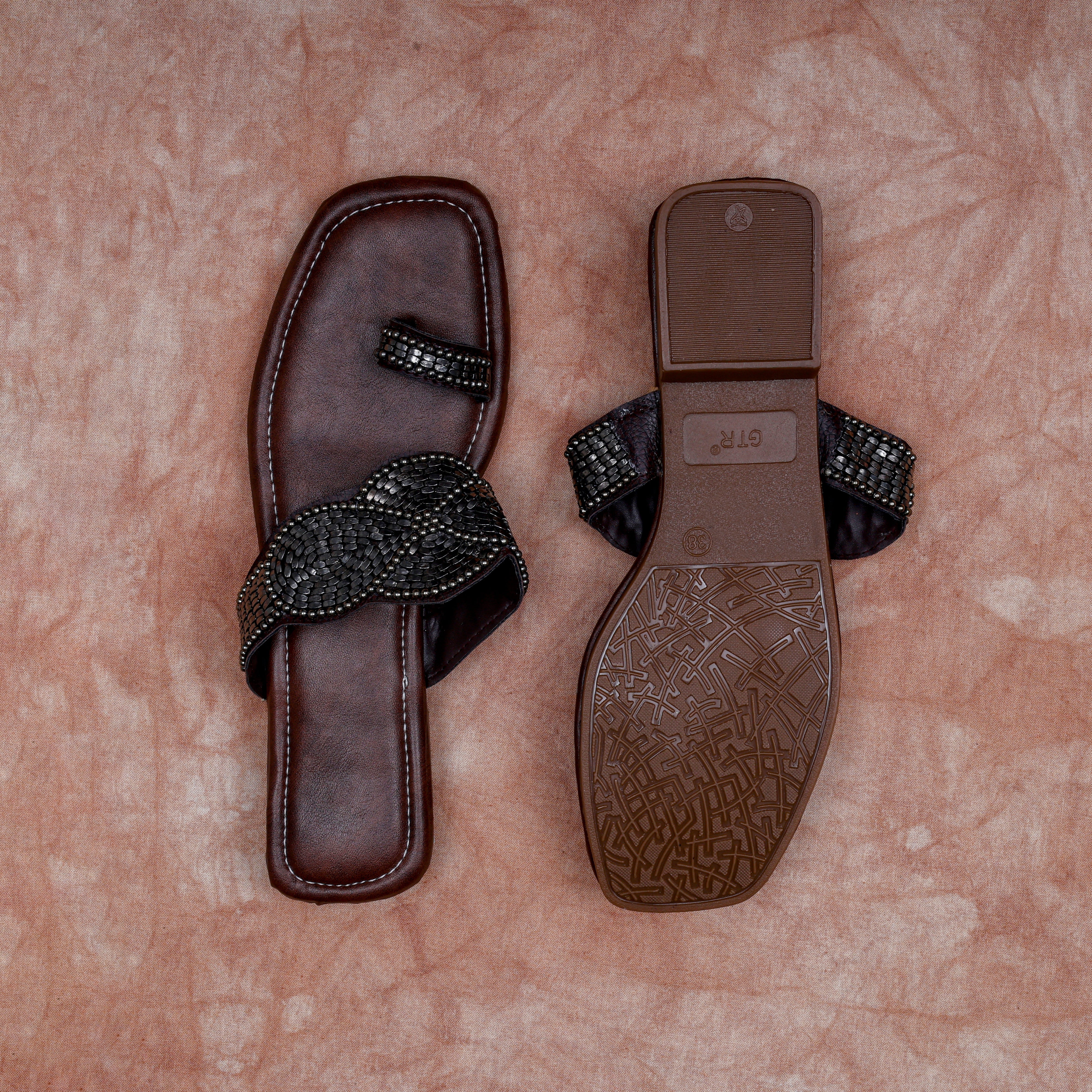 Brown Open Toe Artisan Ethnic Flats