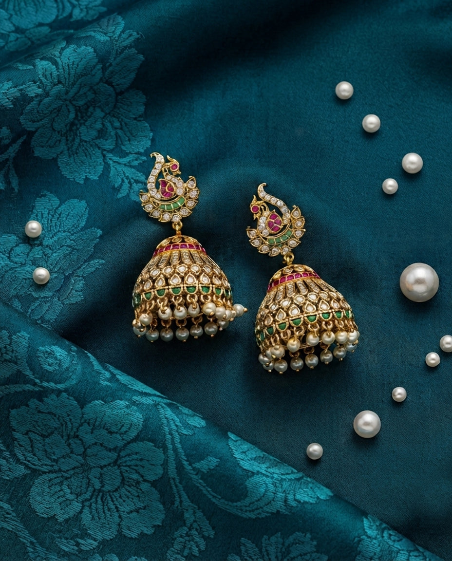 Swan Jhumka with Pink, Green & White Stones