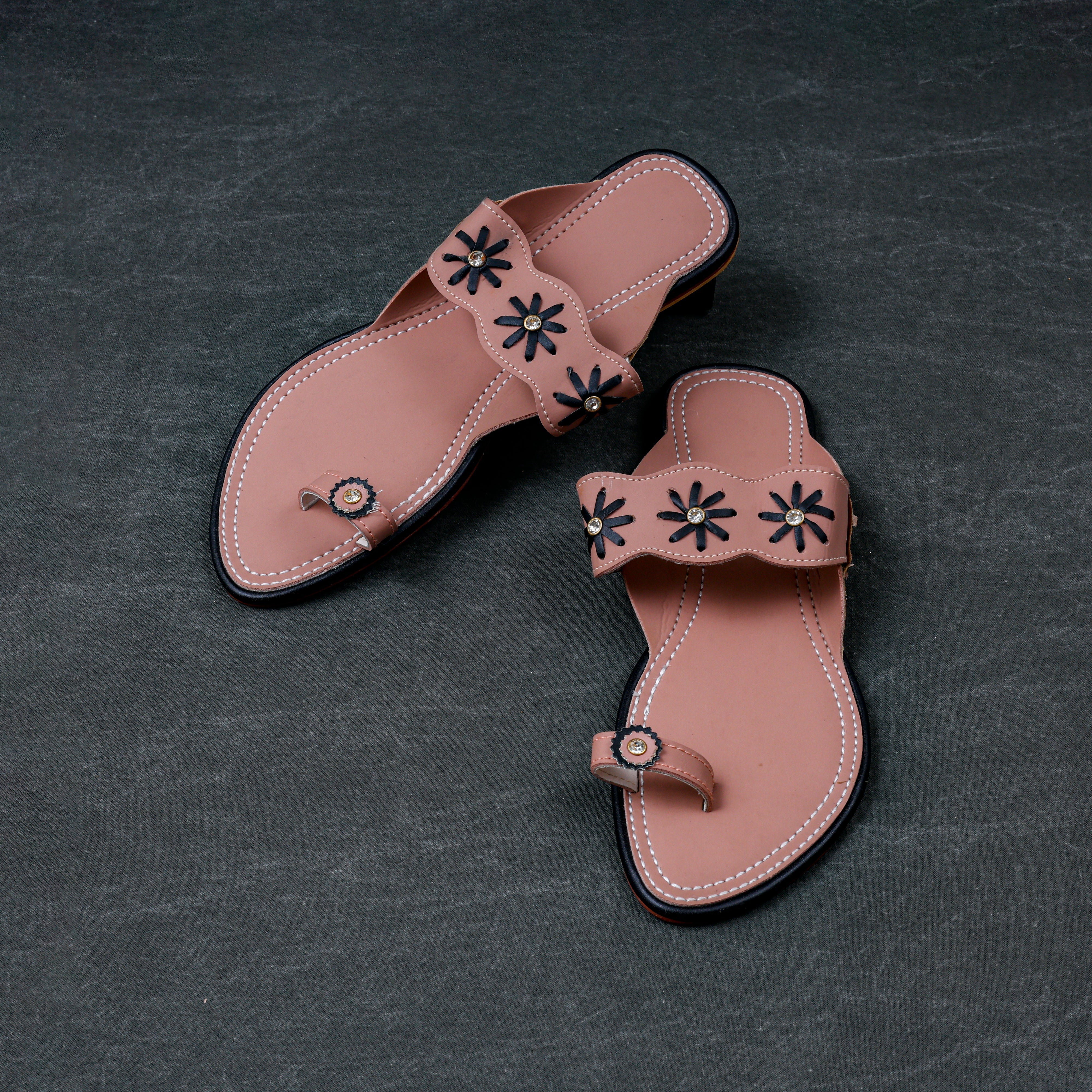 Peach Rexine Open Toe Ethnic Flats
