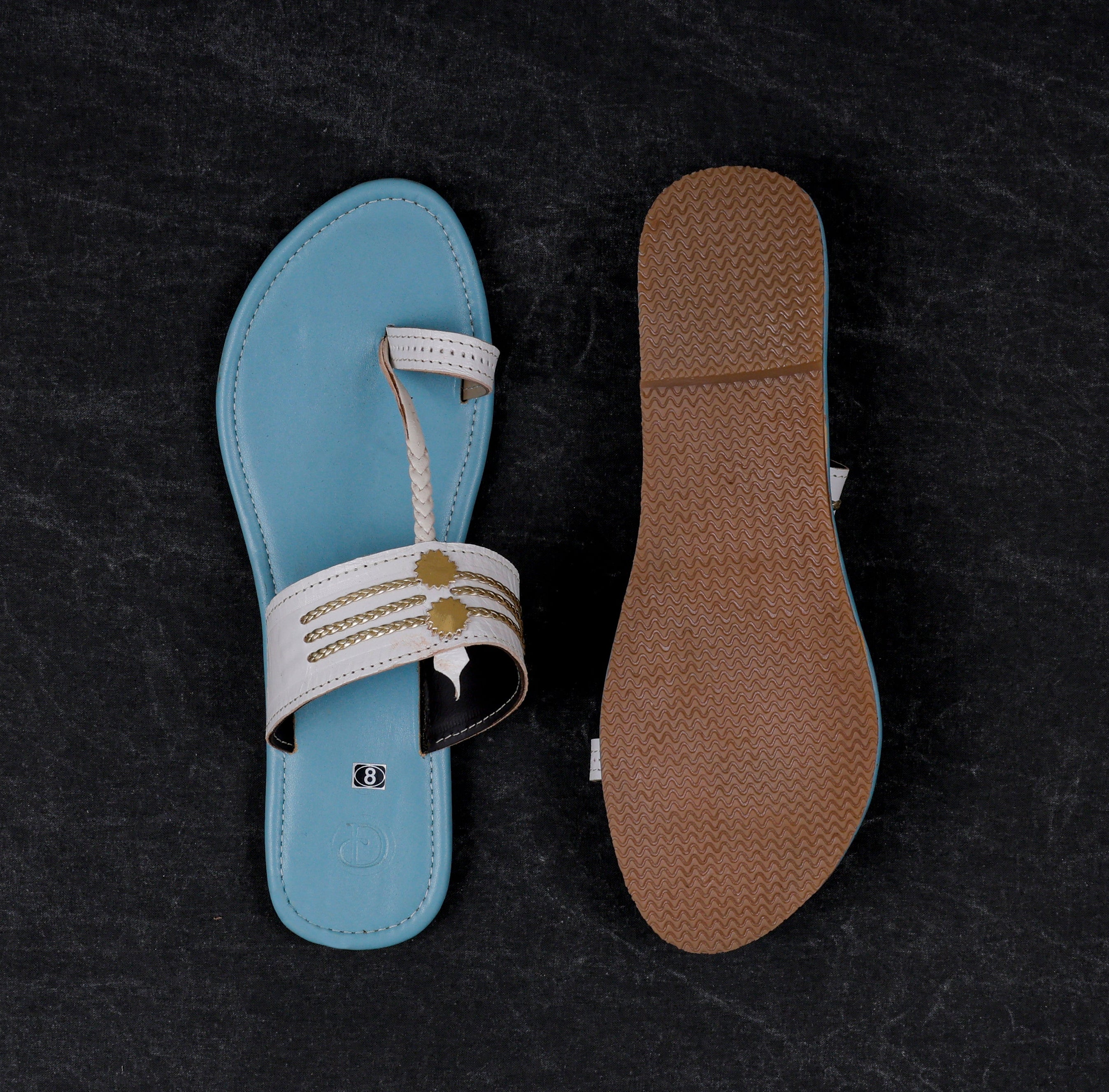 Sky Blue Open Toe Artisan Leather Flats