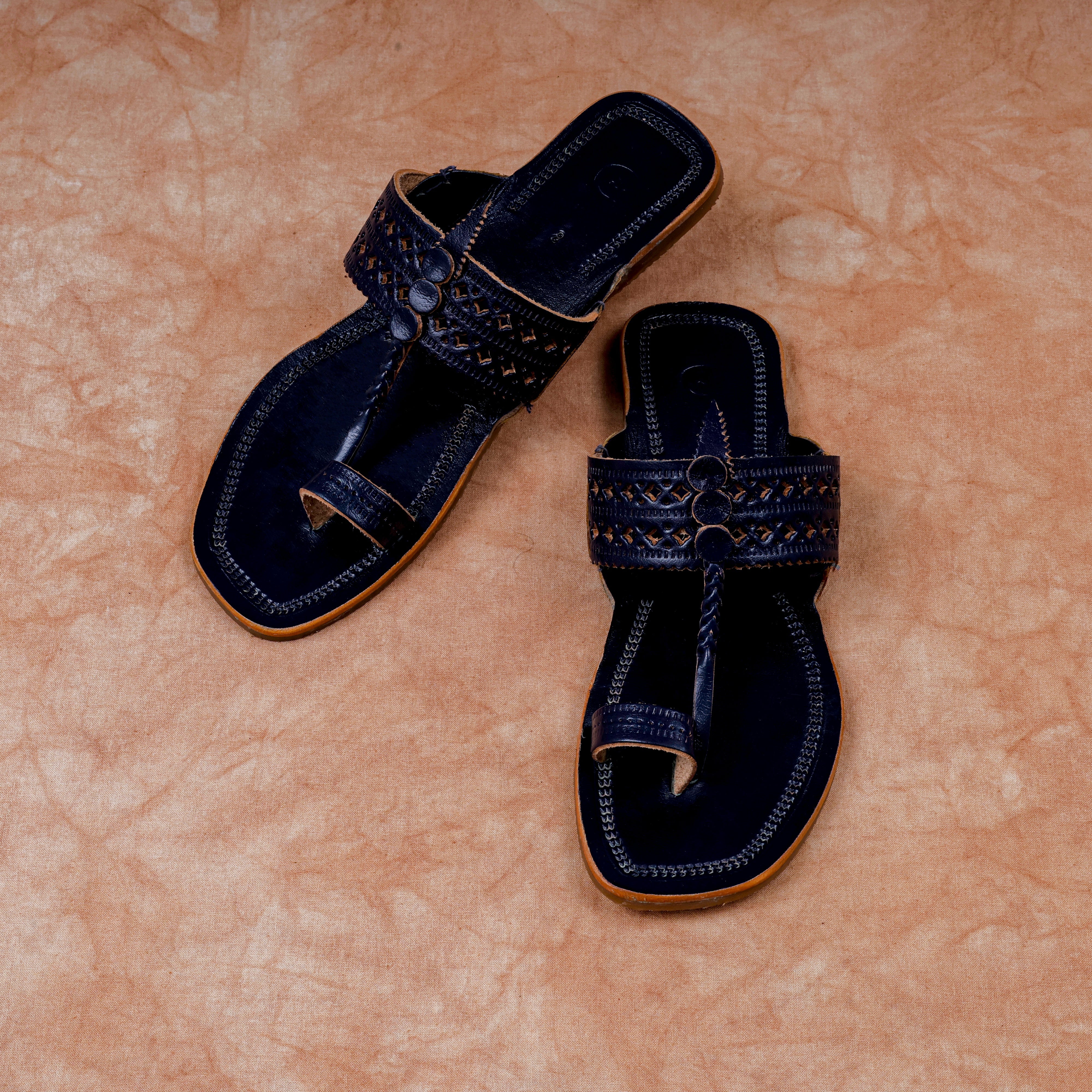 Navy Blue Open Toe Kolhapuri Sandals