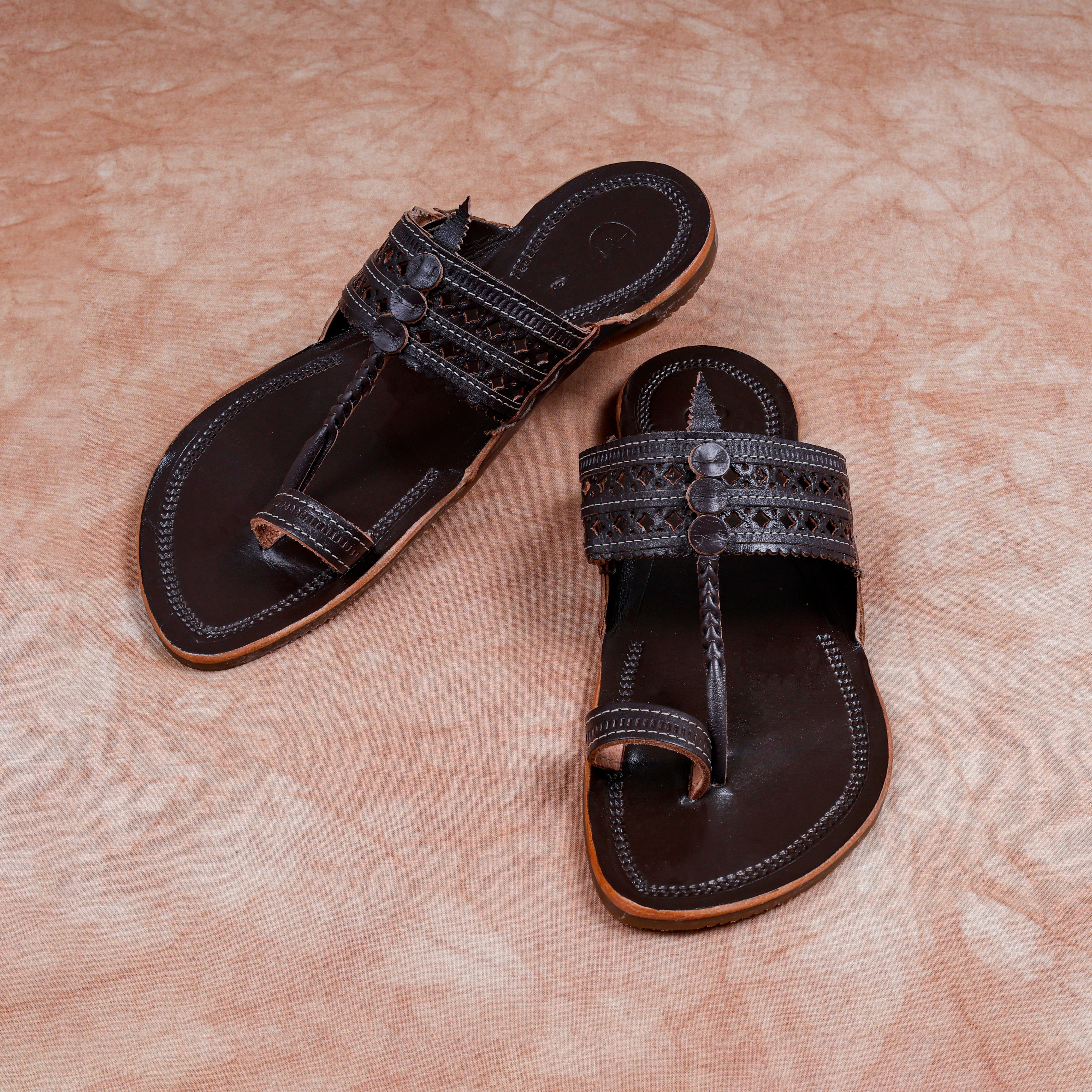 Dark Brown Glossy Leather Kolhapuri Sandals