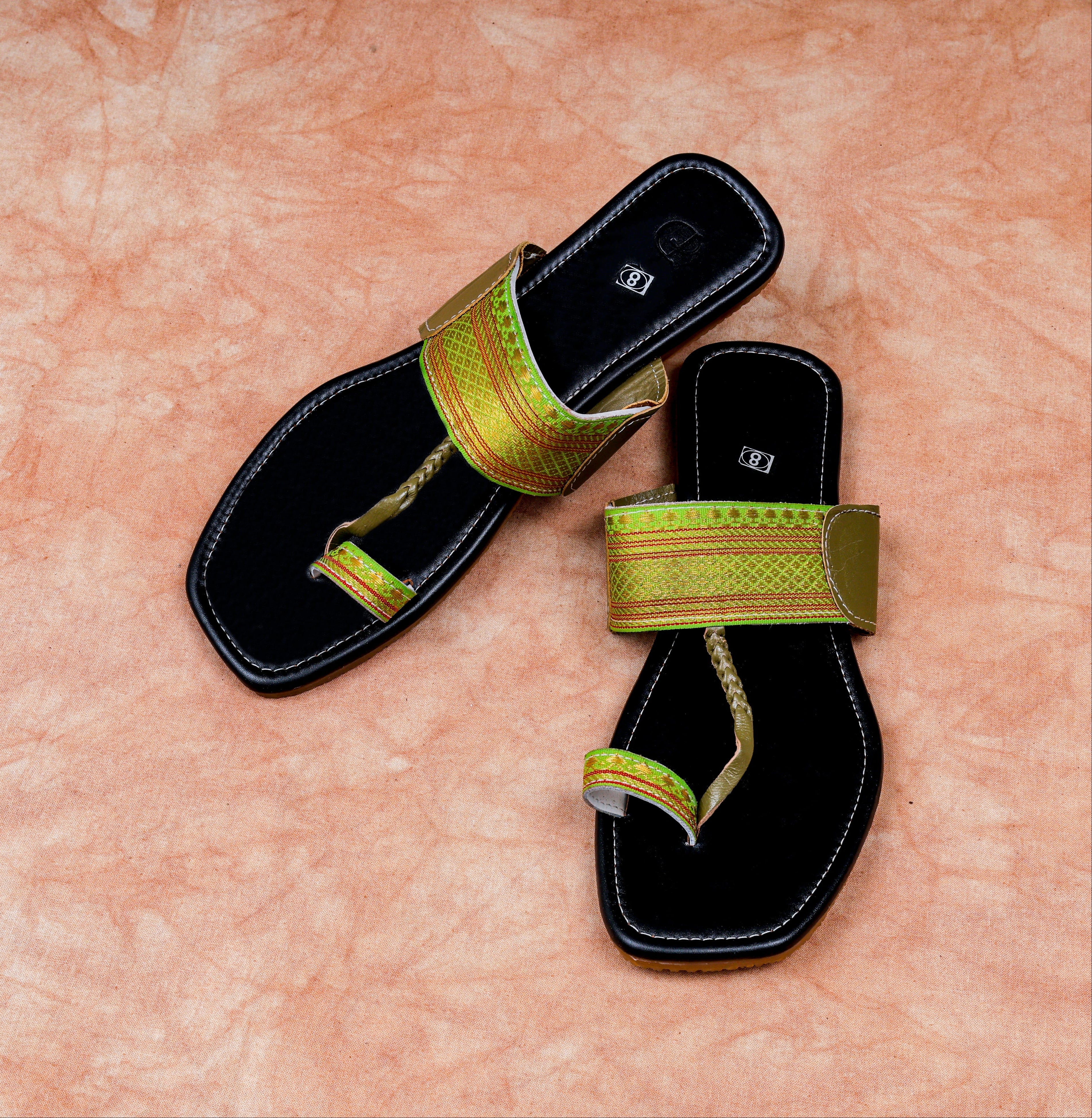 Black Leather Open Toe Kolhapuri Flats