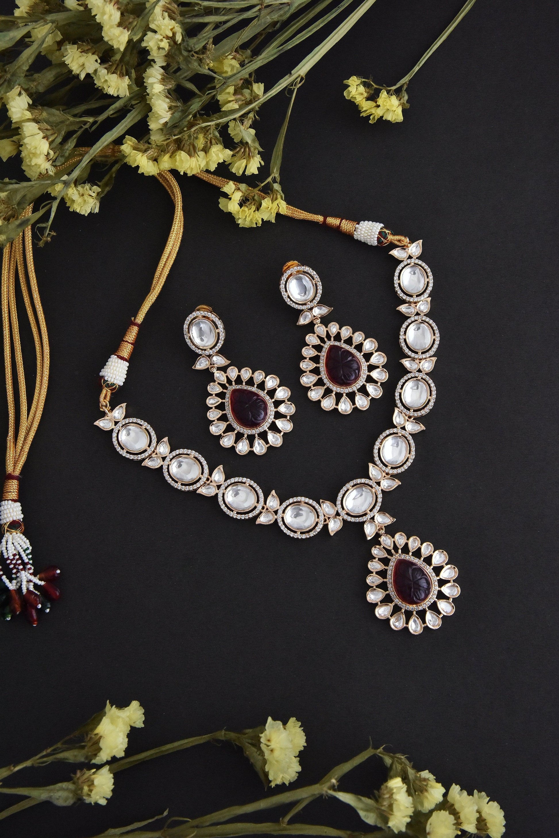 Crimson Blaze Polki Necklace Set - Dyulokha