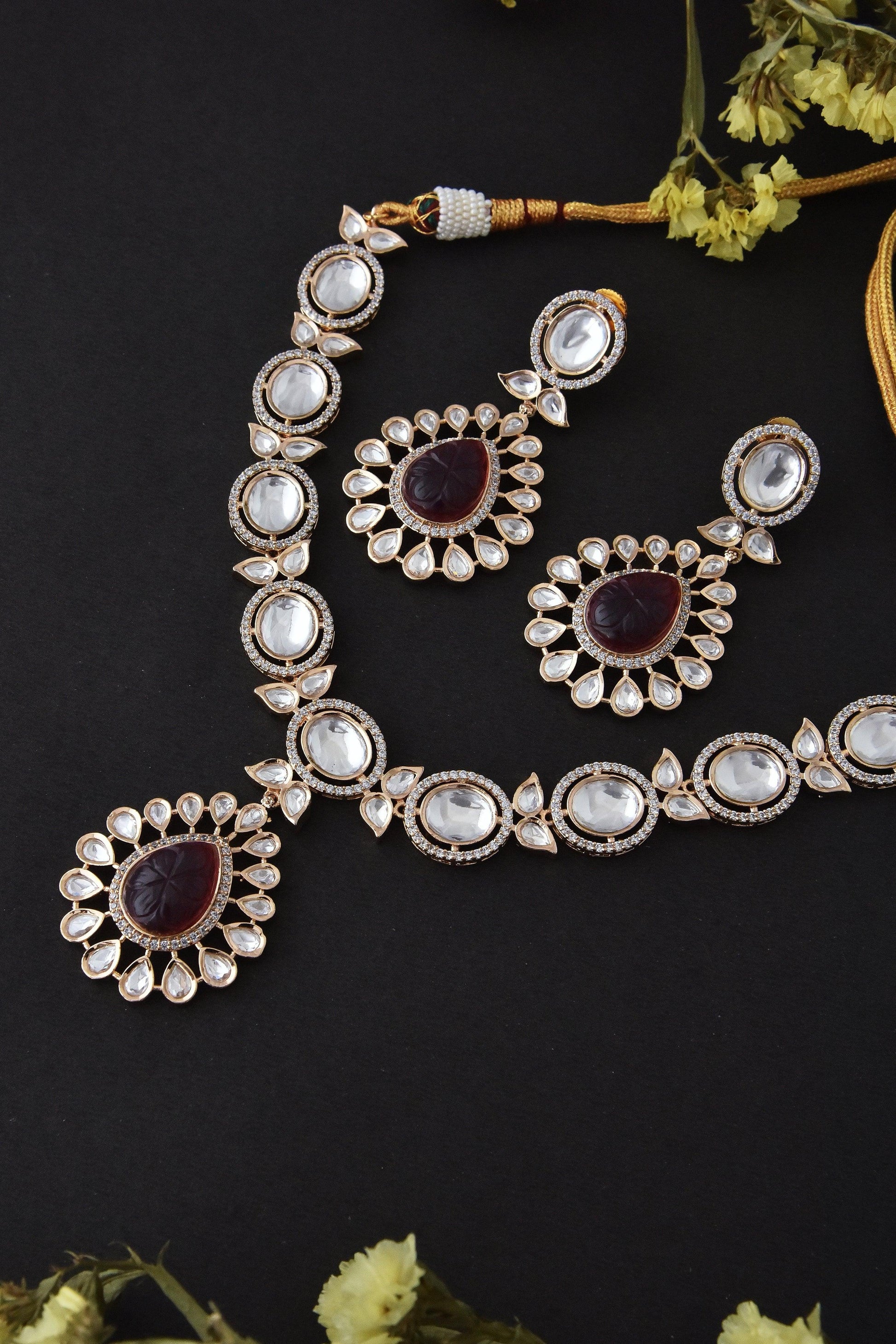 Crimson Blaze Polki Necklace Set - Dyulokha