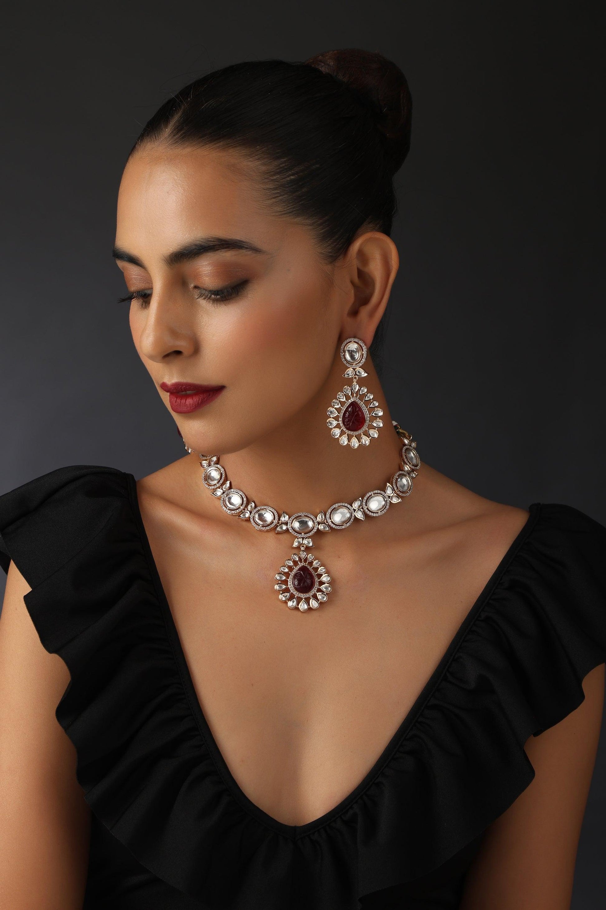 Crimson Blaze Polki Necklace Set - Dyulokha