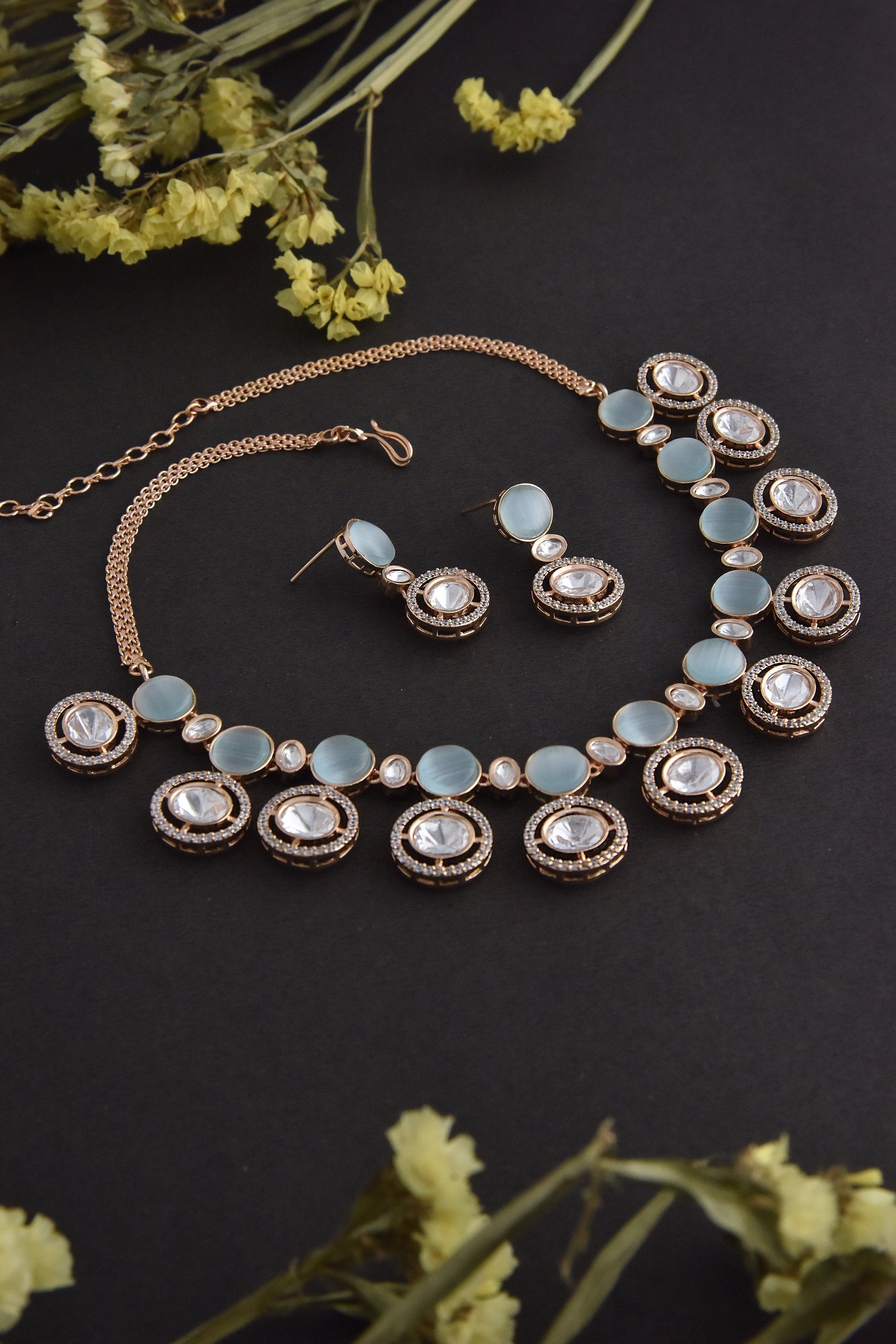 Blue Rose Gold Polki Necklace Set - Dyulokha
