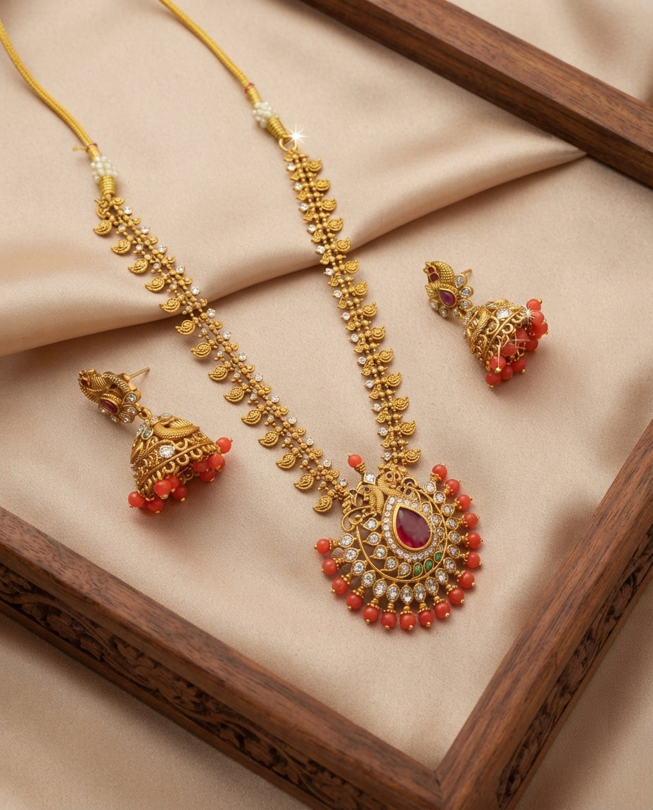 Traditional Mango Kundan Coral Necklace Set