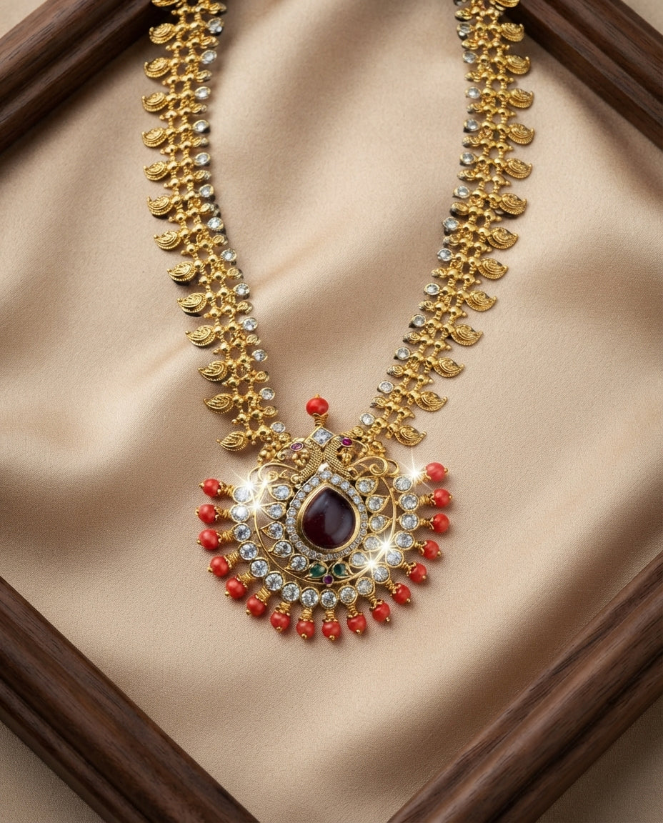 Traditional Mango Kundan Coral Necklace Set