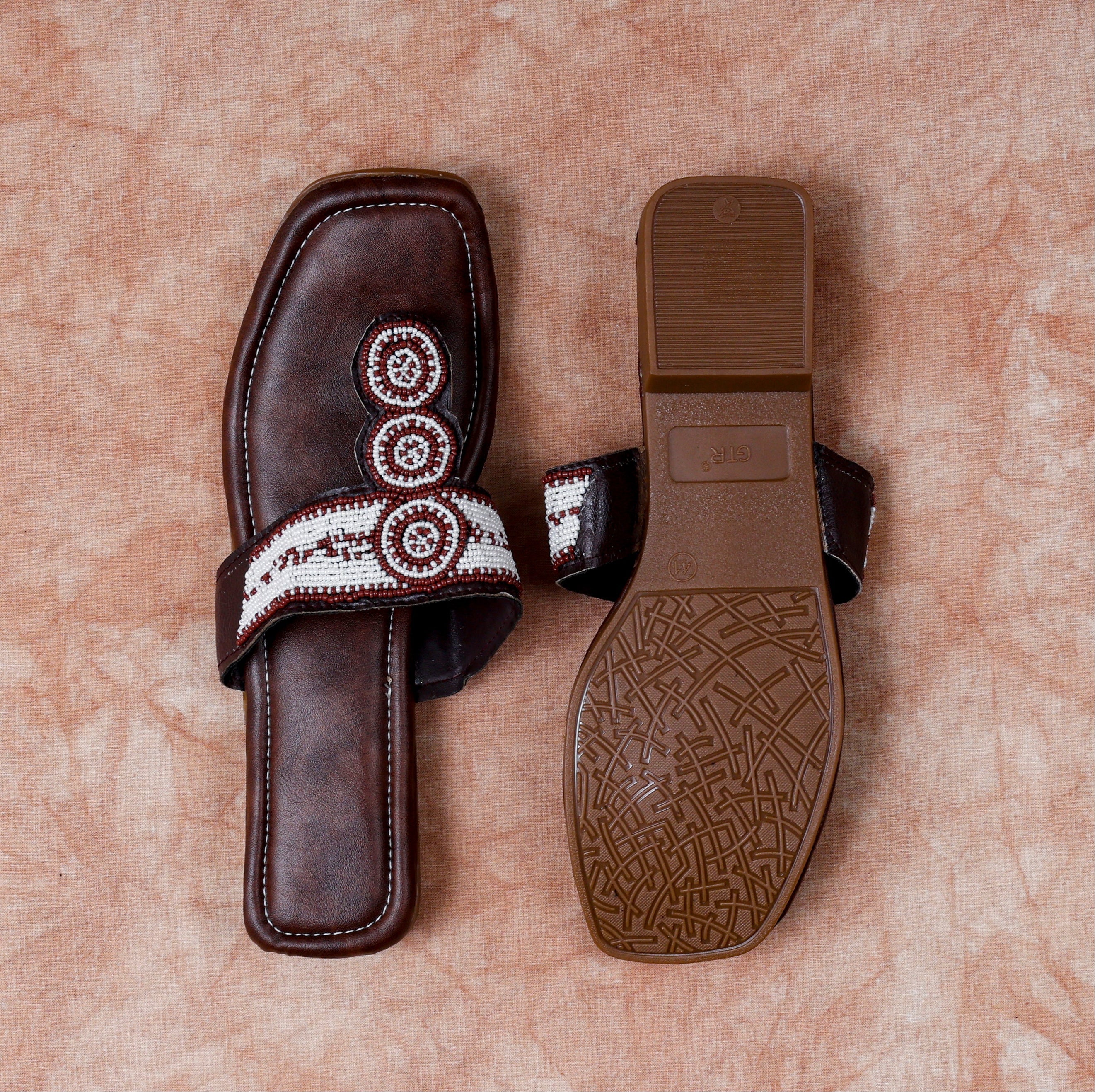 Brown Rexine Open Toe Ethnic Flats