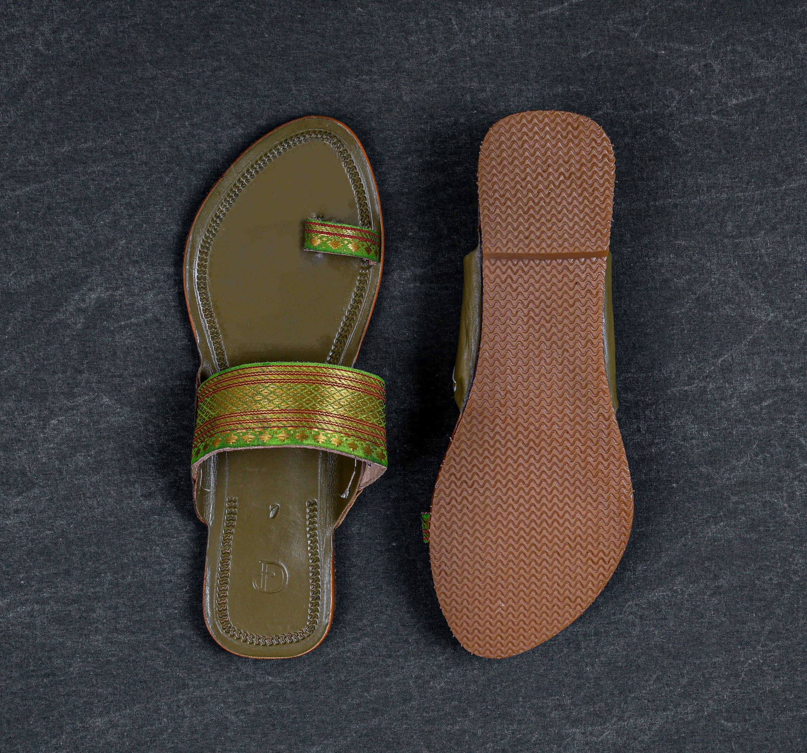 Olive Green Artisan Leather Open Toe Flats